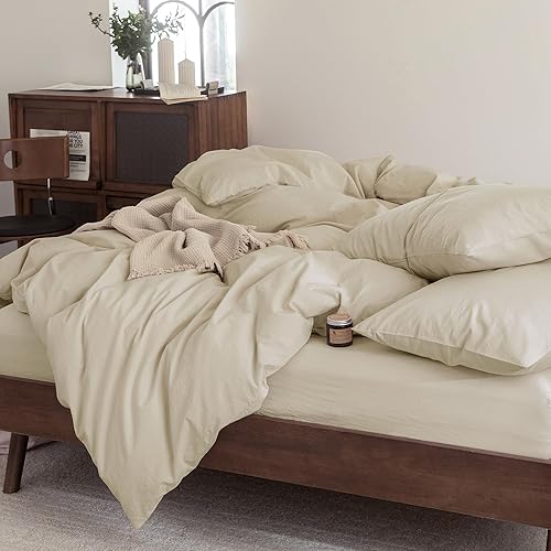 Miniatura 7 de FOSSA Juego de funda de edredón 100% algodón lavado, tacto súper suave, transpirable, acogedor, 3 piezas, juego de ropa de cama, color gris almendra