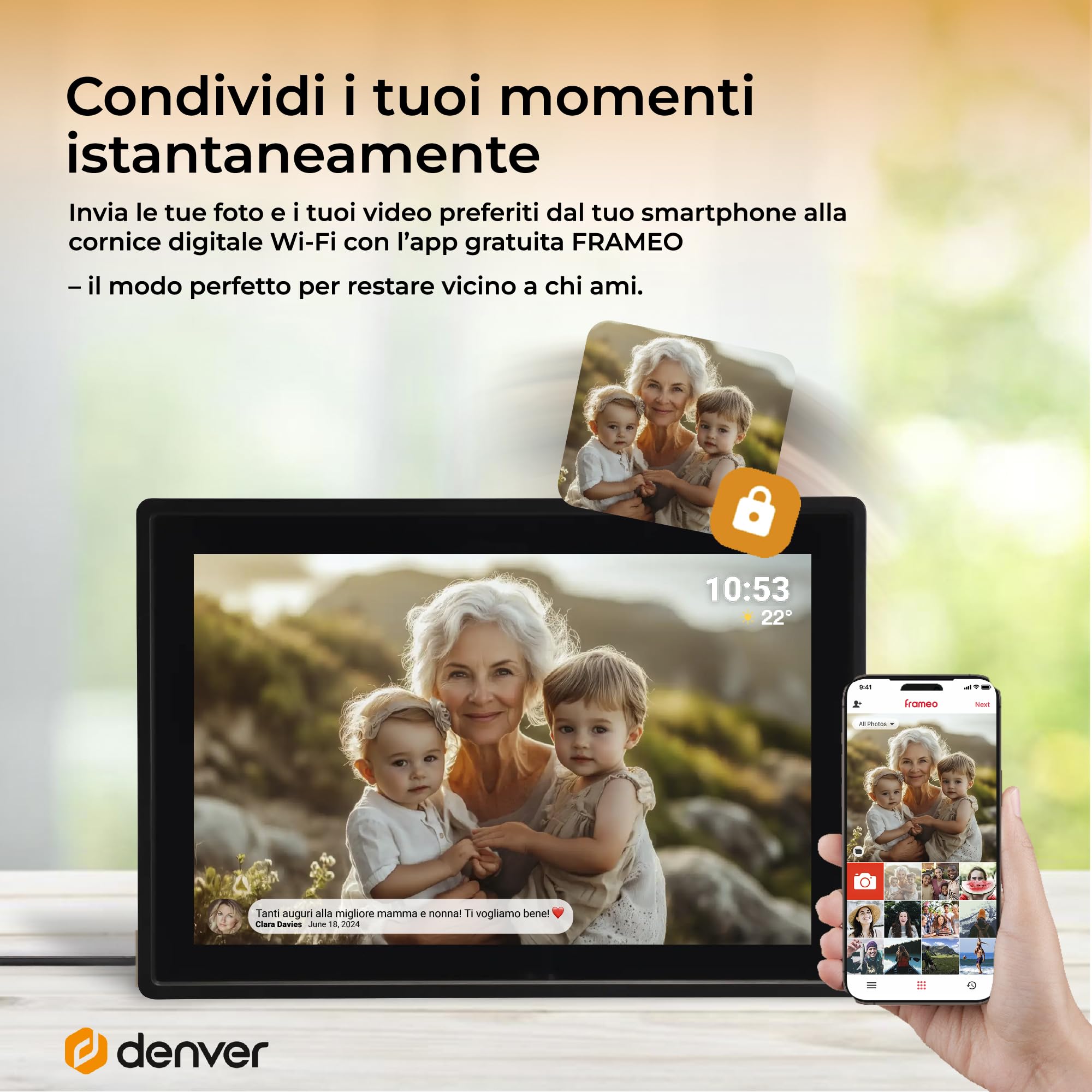 Cornice Digitale 10 Pollici WiFi – Schermo IPS HD 1280x800 – Portafoto Digitale Frameo Denver per Foto e Video – Cornice Elettronica Touchscreen Smart – 16GB Memoria – Slot microSD – Nera