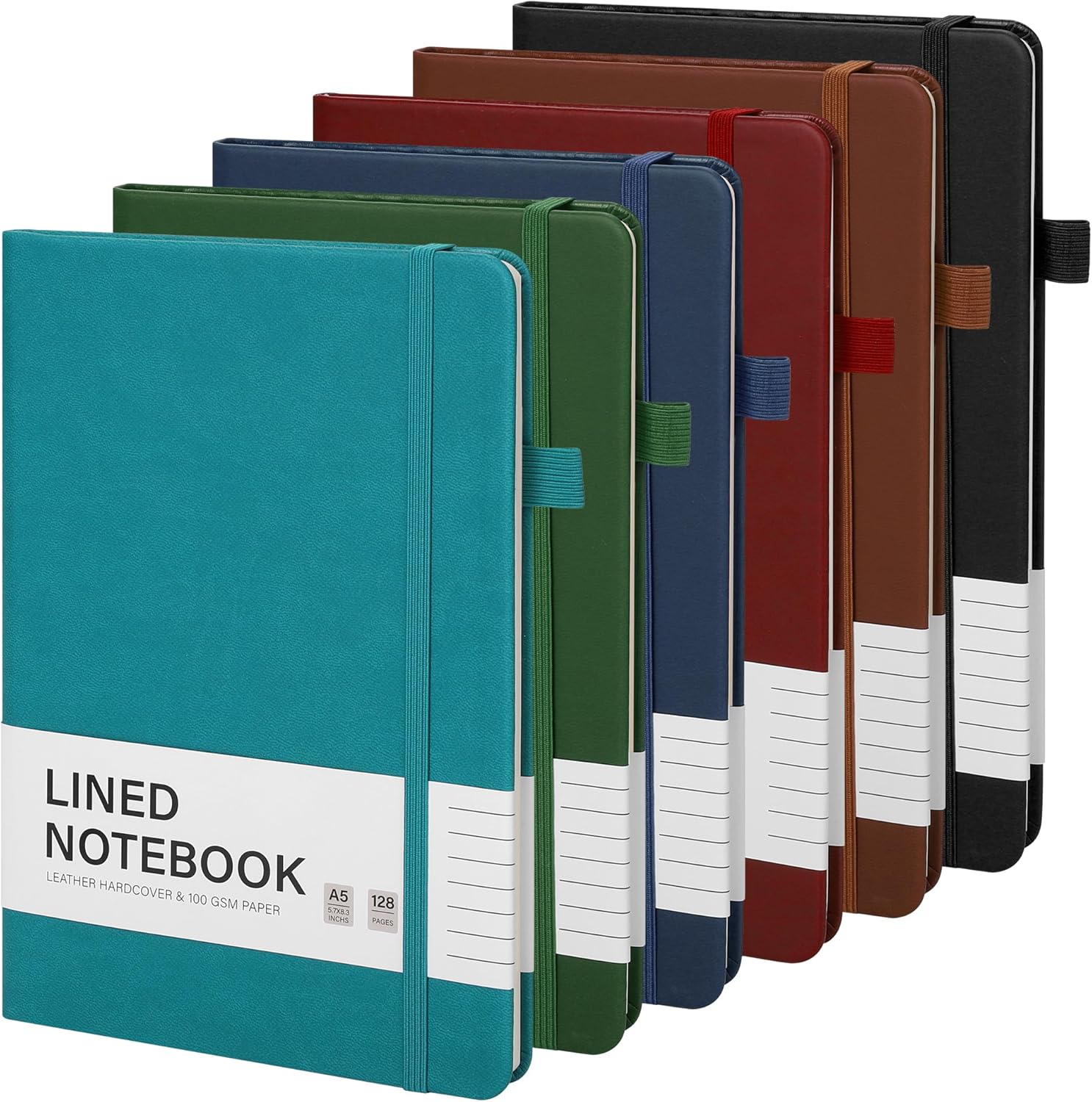 Aodaer 6 Pcs A5 Lined Journal Notebook 100 GSM College Ruled Hardcover Notebook for Men Women, 128 Pages PU Leather Notepad with Pen Holder for Writing Travel Work, 5.7 x 8.3 Inches, Deep Multicolor