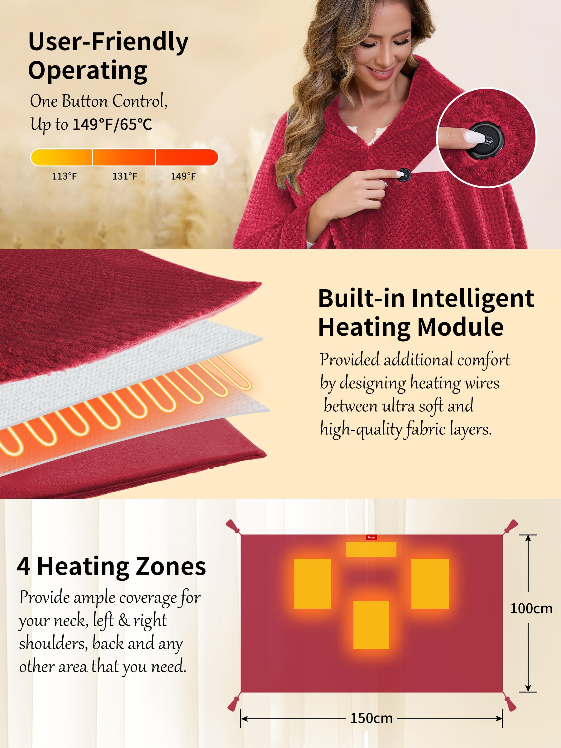 Coperta Riscaldante Elettrica con 20000 mAh Batteria senza fili, Coperta Indossabile Termica Elettrica con 4 Zone di Riscaldamento e 3 Livelli di Temperatura (Rosso, 100 x 150 cm)