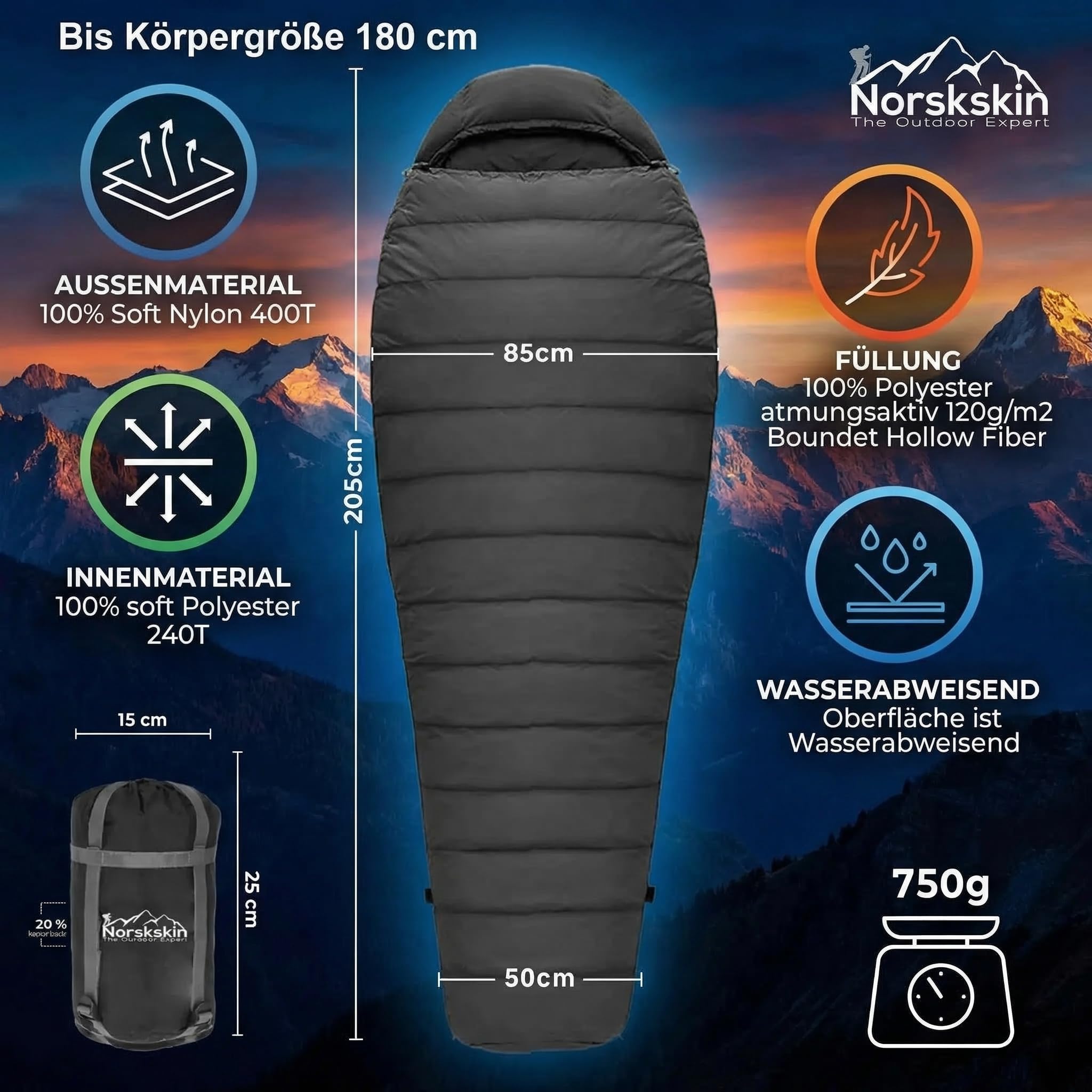 Mumienschlafsack Norskskin Ultralight 205 Grau Koppelbar Extrem