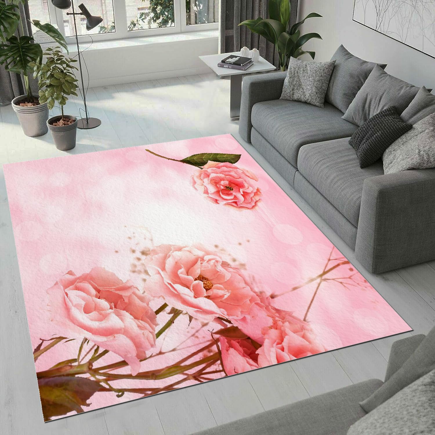 Tapis antidérapant lavable pour salon tapis rose 3D poils courts