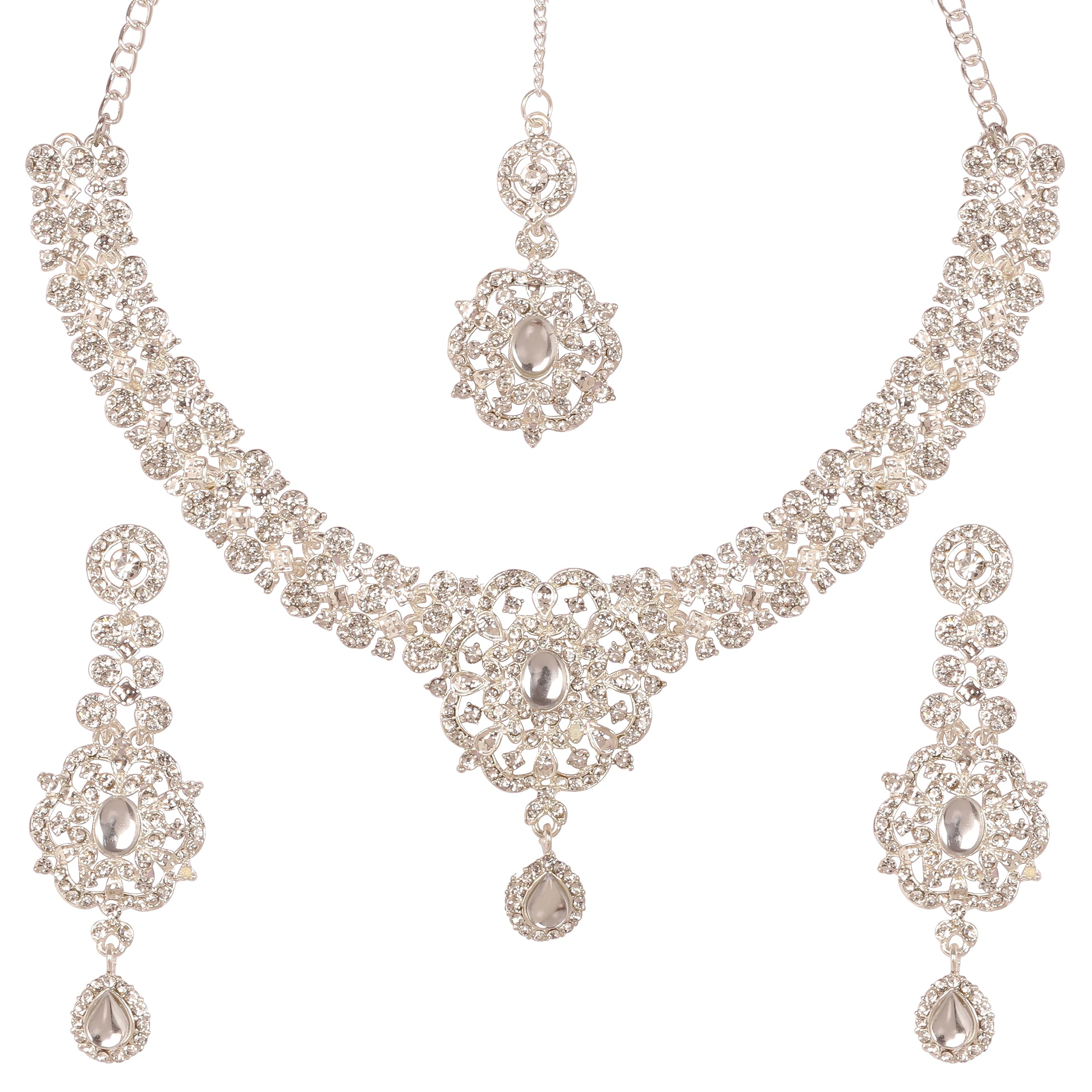 TouchstoneIndian Bollywood Desire Enchanting Floral Diamond Studded Look Rhinestone Bridal Designer Jewelry Necklace Set In Gold or White Tone For Women.