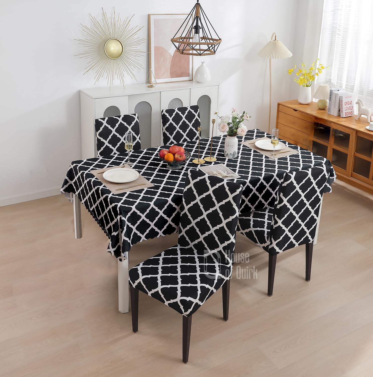 House of Quirk Polyvinyl Chloride (PVC) Rectangular Dining Chair Cover with Table Covers for Kitchen Waterproof Dining Table Cloth (Black Diamond, 1 Table Cover + 4 Chair Cover)