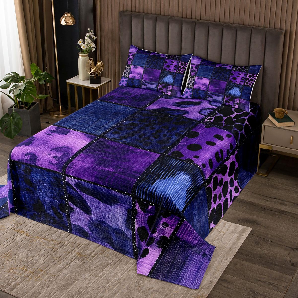 Colcha con estampado de leopardo púrpura tamaño L Patchwork African Wildlife estampado de piel ropa de cama para adultos adolescentes vintage geométrico a cuadros Coverlet 2 fundas de