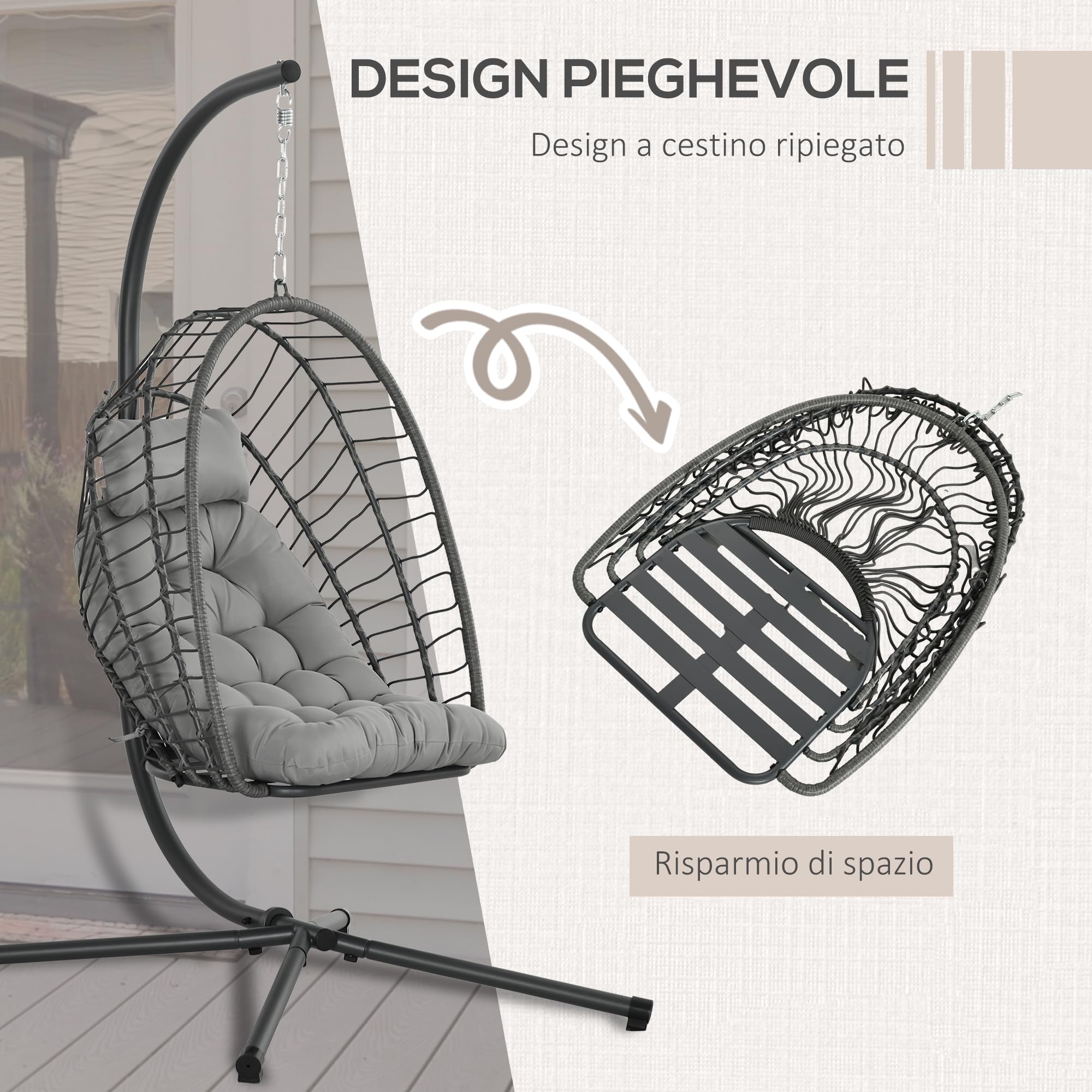 Outsunny Poltrona Sospesa in Rattan PE con Cuscino Imbottito, Sedia Sospesa a Dondolo con Seduta Pieghevole e Struttura in Acciaio, Grigio