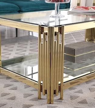 48 Rectangle Glass Coffee Table, Modern 2-Tier Glass Cocktail Table with Gold Stainless Steel Frame, Elegant Cocktail Center Table with Storage Shelves for Home (48 Clear, Coffee Table)