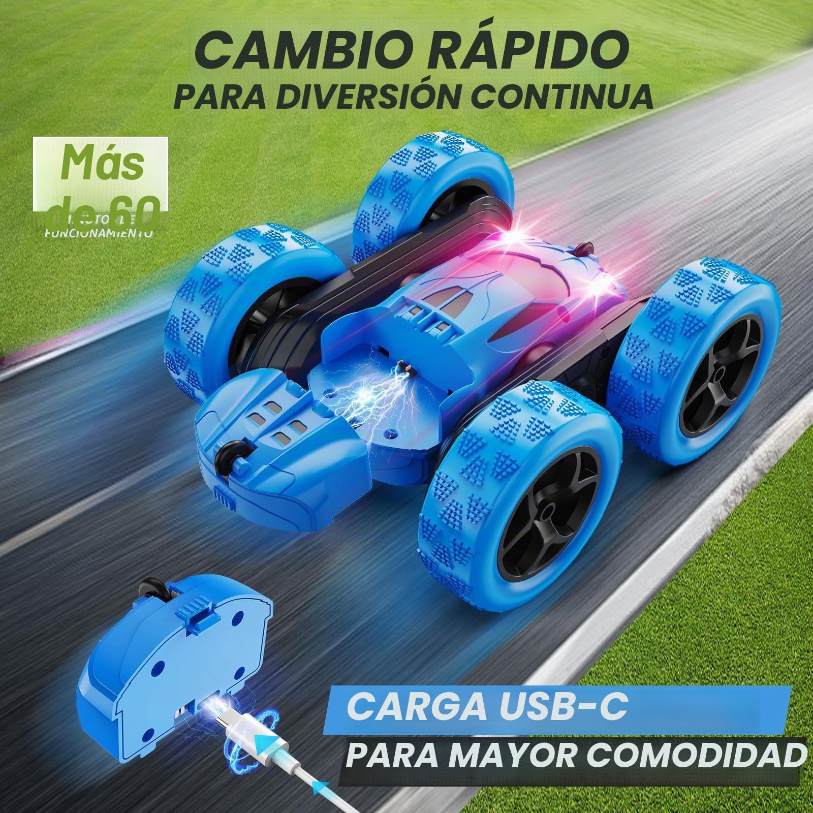 QUNREDA Coche Teledirigido, Coche RC de Juguete para Niños 6-12 Años, 4WD de Acrobacias con Luces LED, Giros 360°, 2,4 GHz, Baterías USB-C Modulares, Regalo de Cumpleaños para Niños, Azul