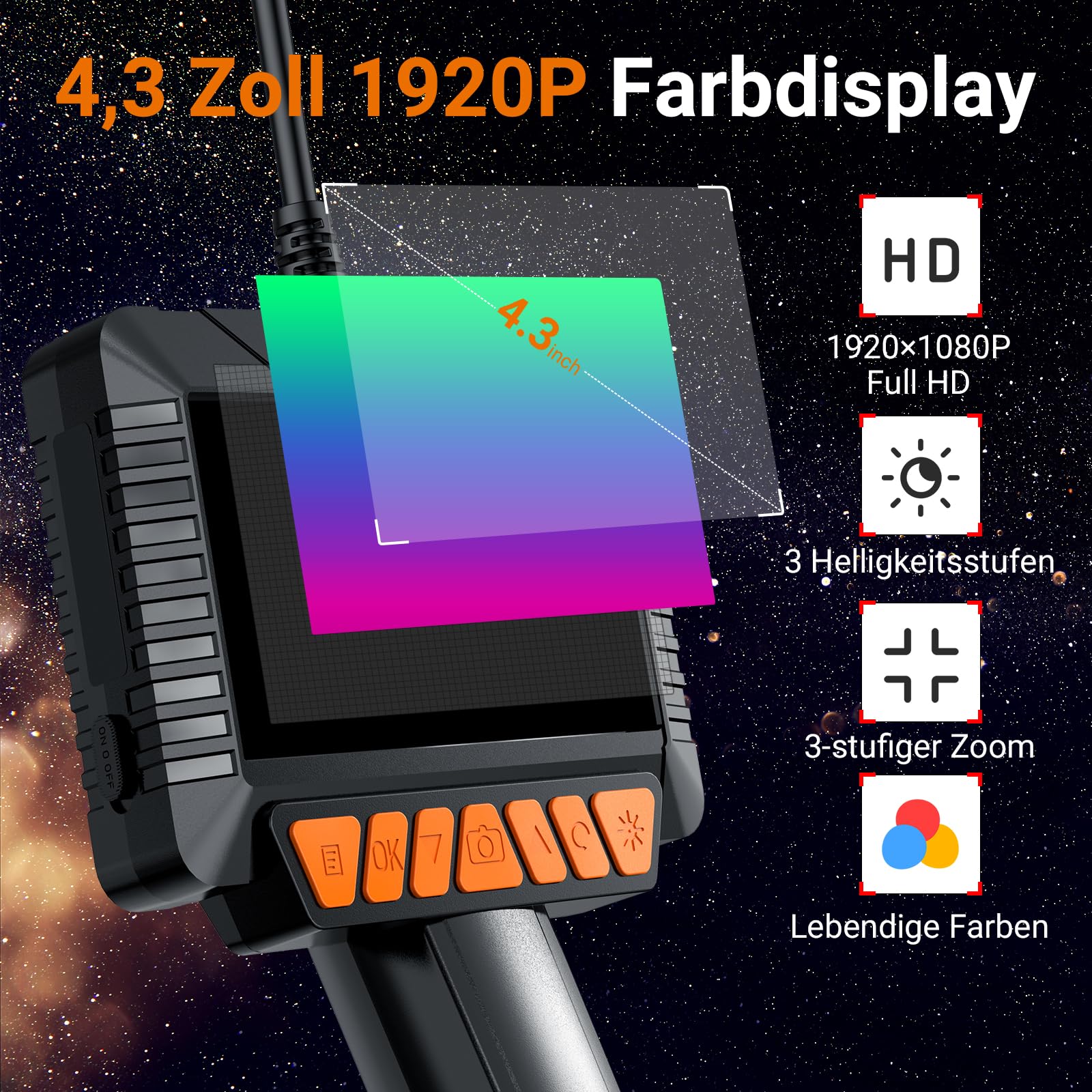 4,3" IPS Endoskopkamera mit Licht 1080P HD - IP67 Wasserdichte Inspektionskamera & Rohrkamera mit 8 LEDs, 5m Halbstarre Sonde für Auto, Rohre, Haushalt, Kein WLAN/App Nötig | Rohrkamera mit 8 LEDs, IP67 Wasserdichte Inspektionskamera, Halbstarre Sonde, Fü