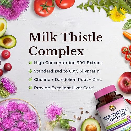 Miniatura 3 de VITALITOWN Complejo de cardo mariano  Extracto 30X y Std. 80% Silimarina  Colina + raíz de diente de león + zinc  Soporte superior para el hígado y