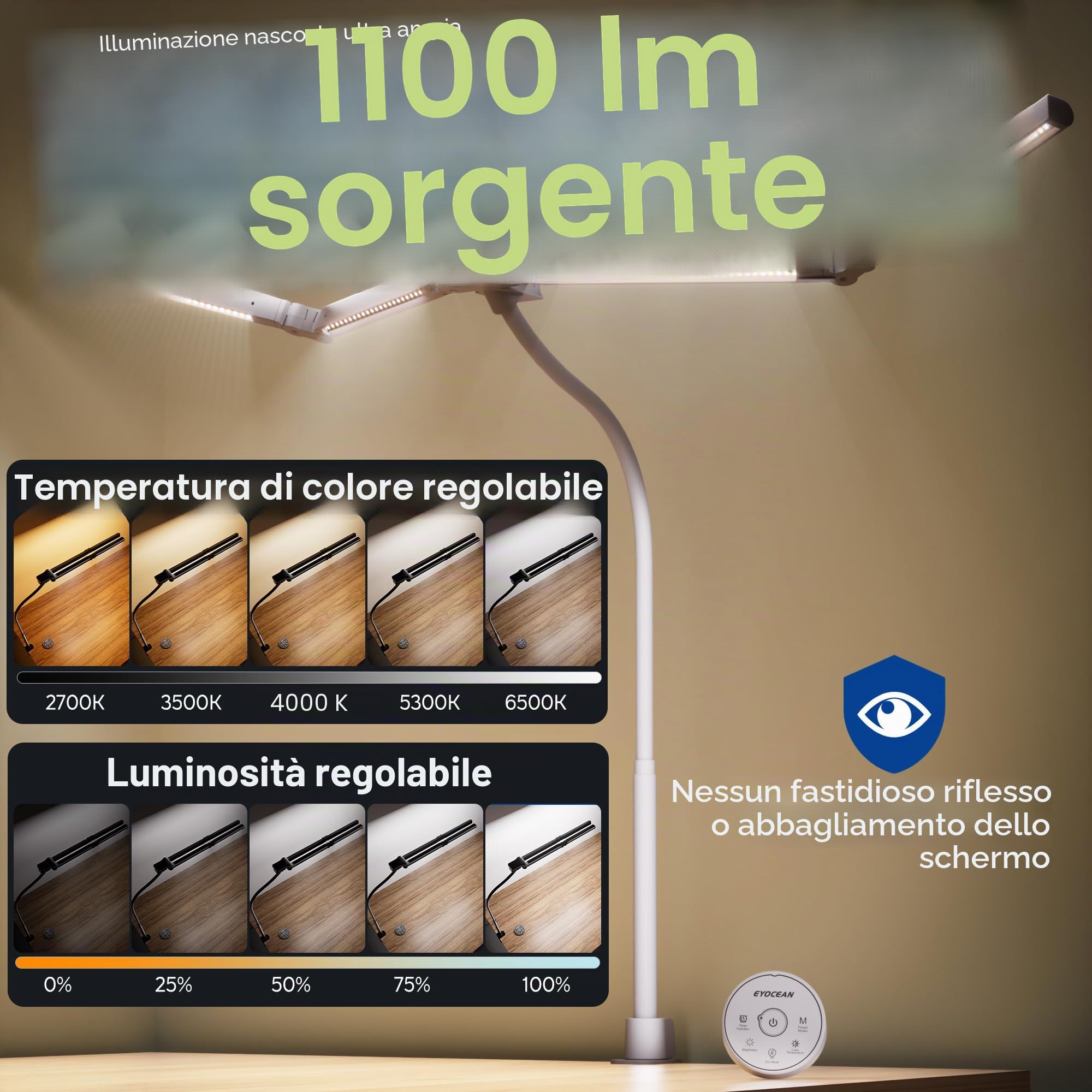 EYOCEAN Lampada da scrivania, lampada da scrivania con 4 sorgenti luminose, 24 W, 100 cm, luce diurna da scrivania con telecomando, lampada da monitor dimmerabile, a collo di cigno, lampada da tavolo