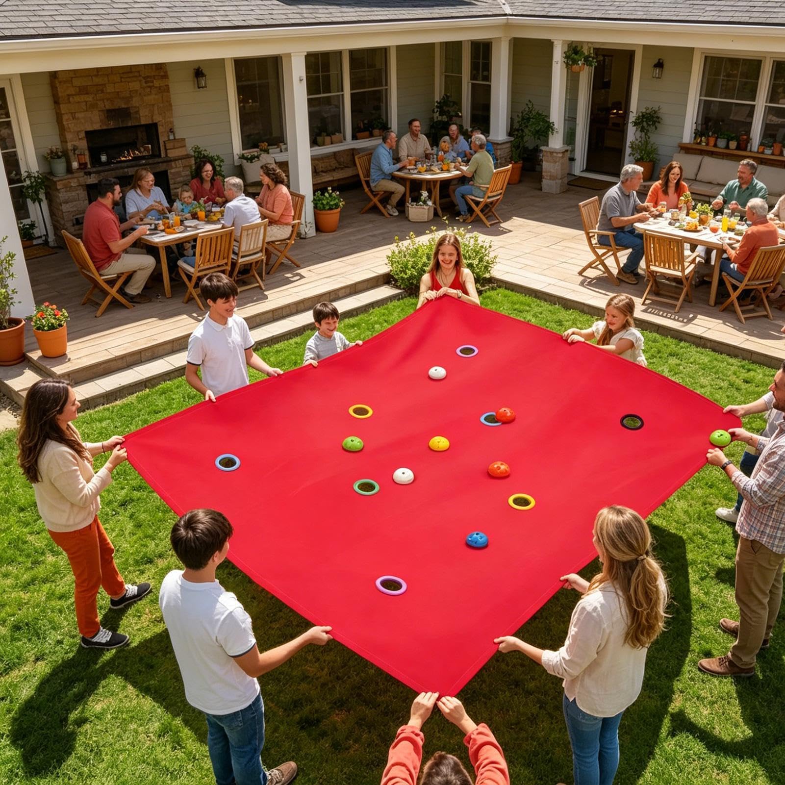 Team Games Lochplane – interaktive Gruppenaktivität, 200 x 145 cm großes Spielfeld aus Stoff, 8 Mehrfarbig abgestimmte Balancierbälle, gewebte Polyesterplane – für Parkspielplätze