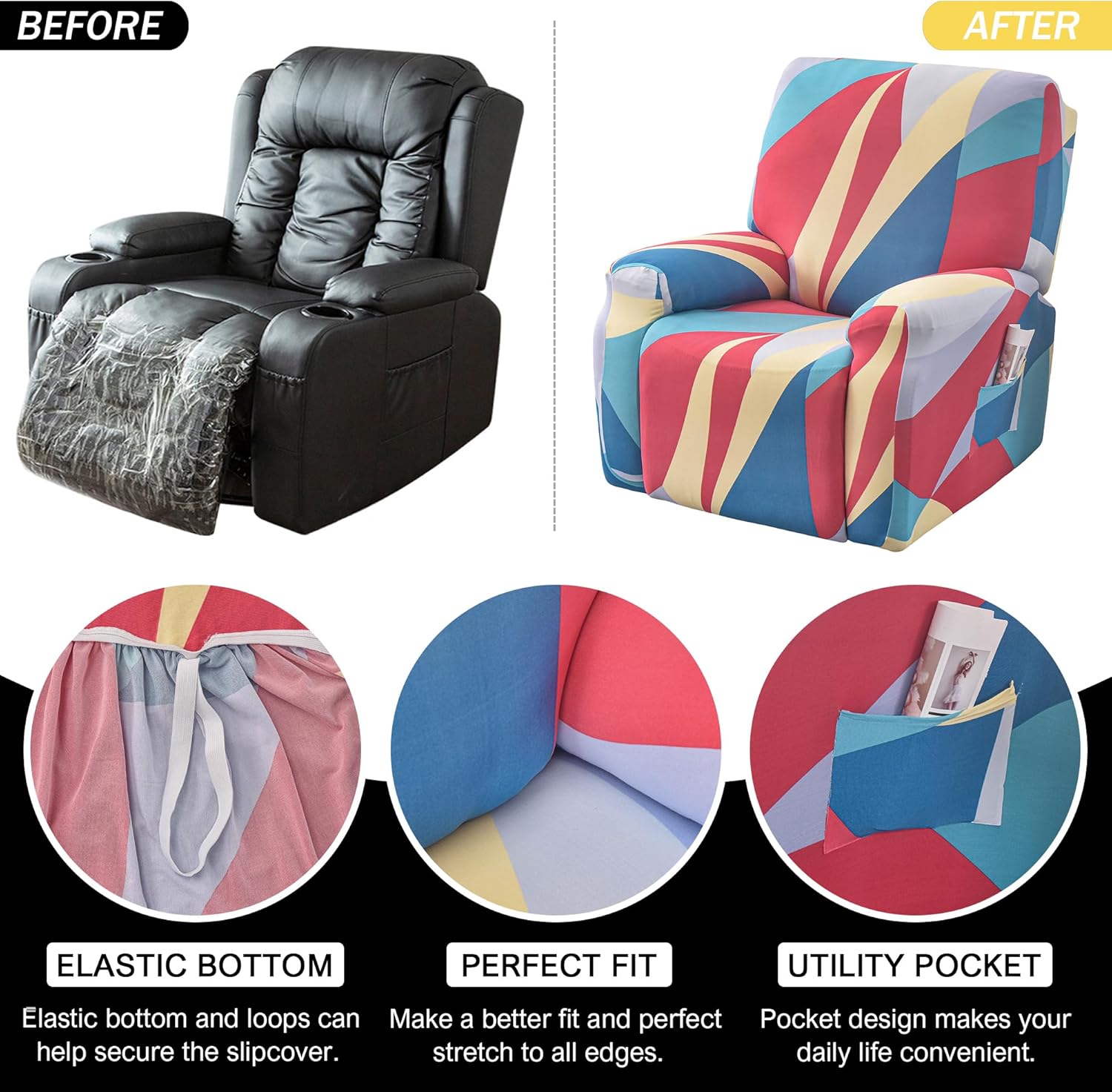 Stretch Recliner Chair Covers, 4-Piece Recliner Slipcover Print Lazyboy Recliner Cover Soft Spandex Reclining Chair Couch Cover Furniture Protector with Pocket (Colorful)