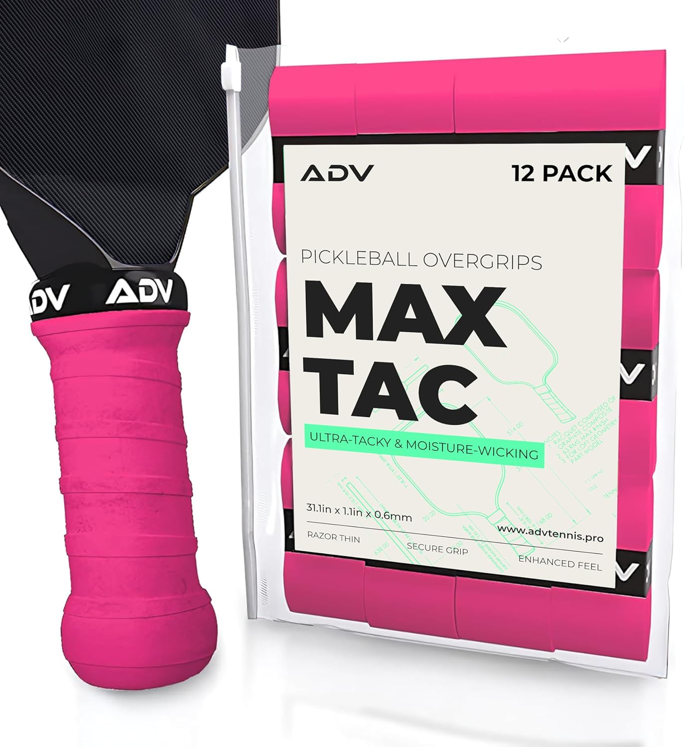 ADV MaxTac Tacky Pickleball Grip Tape - 3, 6, 12-Pack - Extremely Sticky Non-Slip Pickleball Overgrip - Razor-Thin & Easy to Use Pro Pickleball Paddle Grip Tape