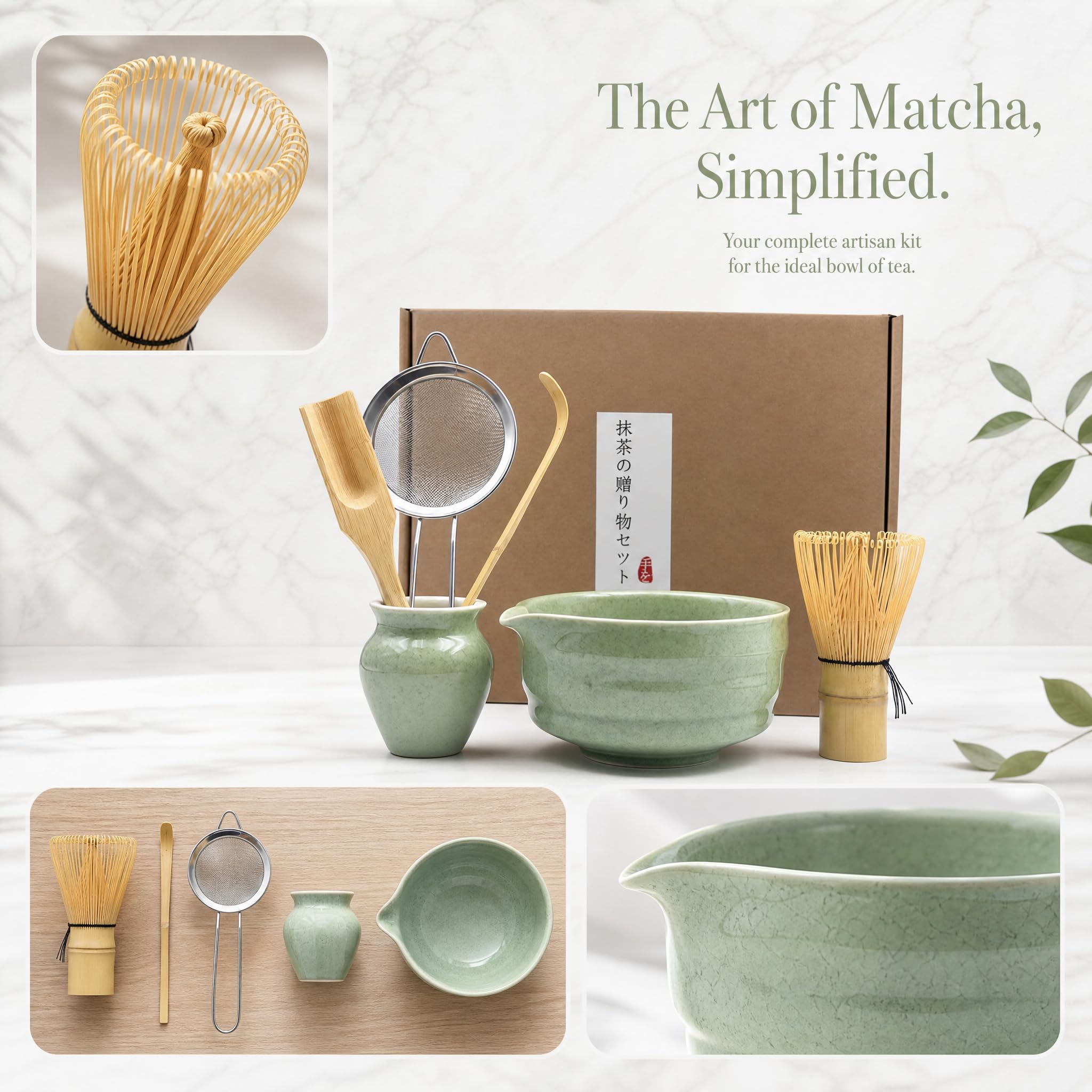 Set da 6 pezzi per tè Matcha con frusta Matcha, setaccio in acciaio inox, ciotola per matcha, 2 cucchiai Matcha, supporto per scopa in ceramica, accessori per matcha, kit regalo per gli amanti del
