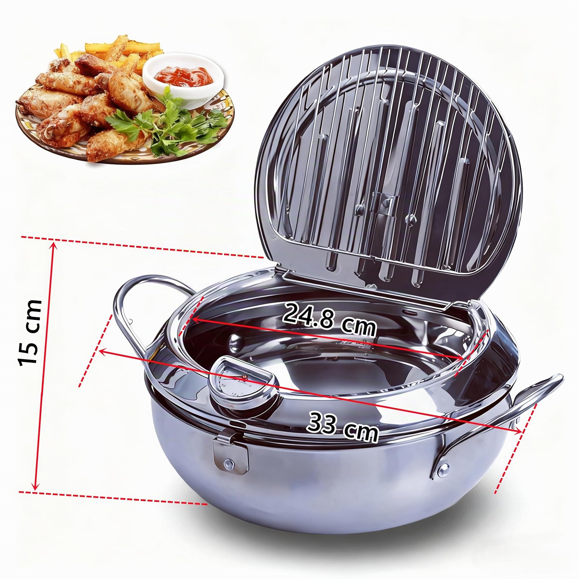 Qivine Friteuse Huile Japonaise Pot de Friteuse Tempura avec Thermomètre Tempura en Acier Inoxydable avec Grille de Vidange Amovible Pour Frire Poulet Français Poisson Sec (24 cm)