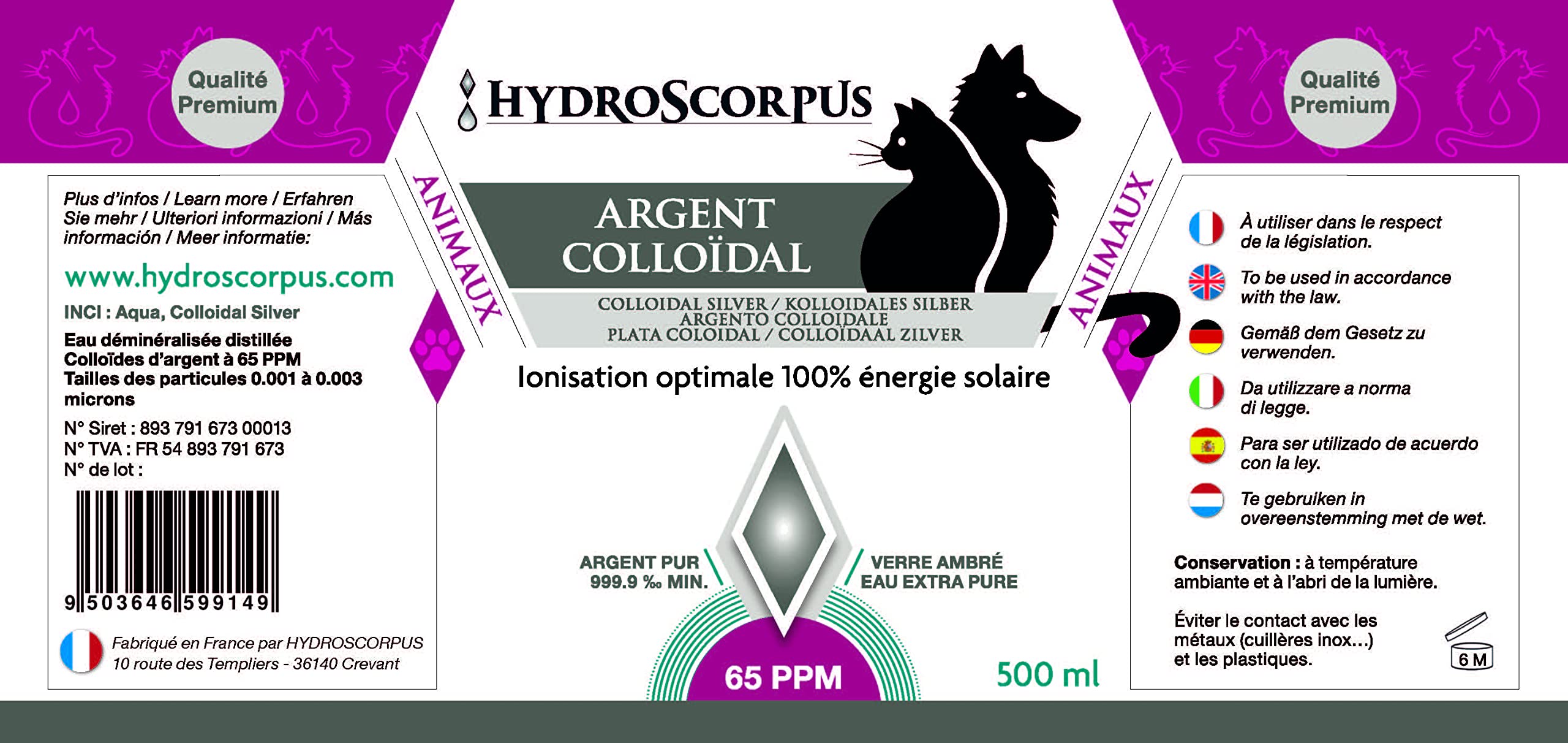 Argent Colloïdal Chiens et Chats 65PPM Bouteille Verre 500ml●Fabriqué en France●Oligo élément Bio Disponible 100% Naturel. Ionisation 100% énergie Solaire●Emballages 100% compostables …