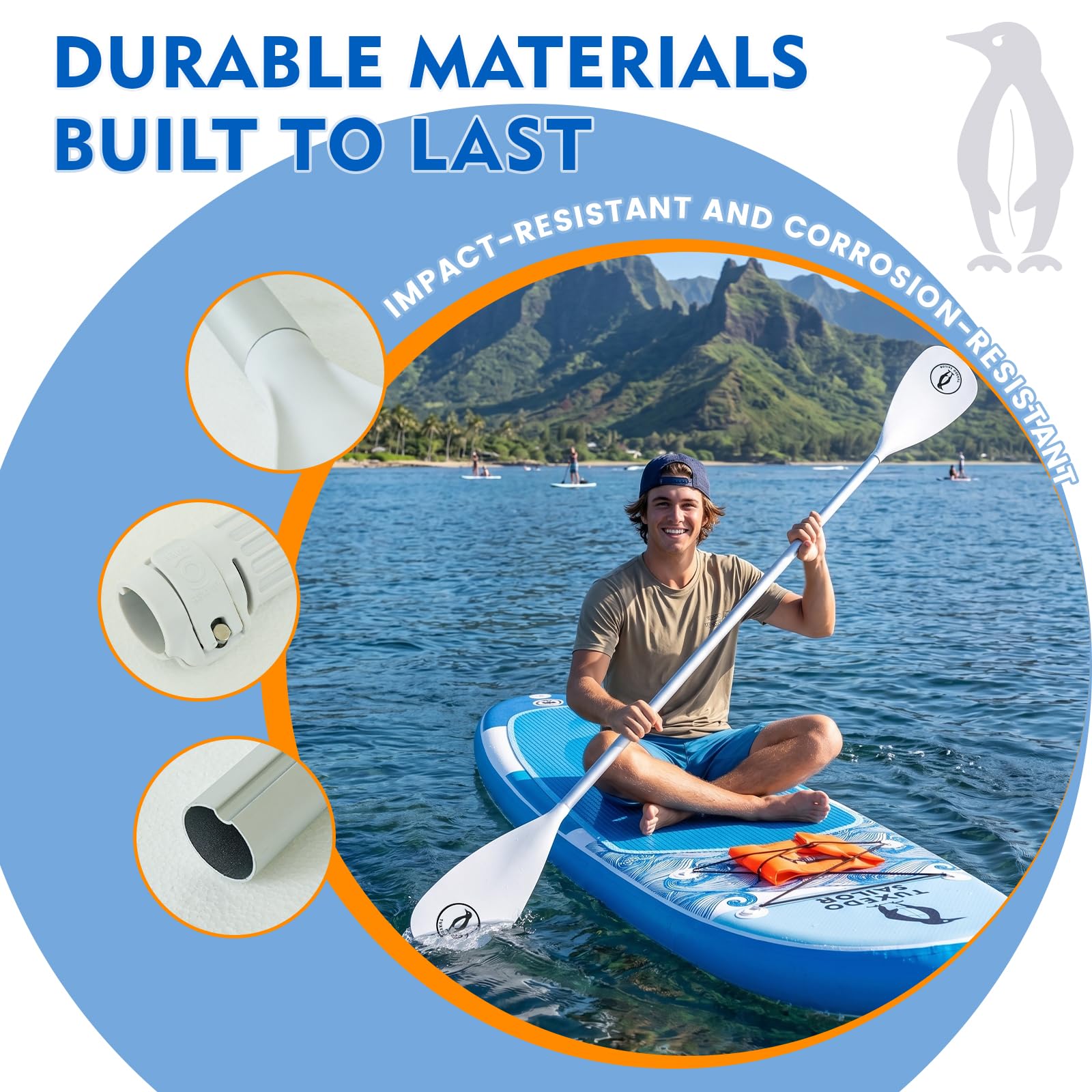 Tuxedo Sailor Pagaie de Sup – 3 pièces réglables – Planche à pagaie légère et Flottante – Durable et Pliable – Lames en Nylon renforcé – Course Efficace