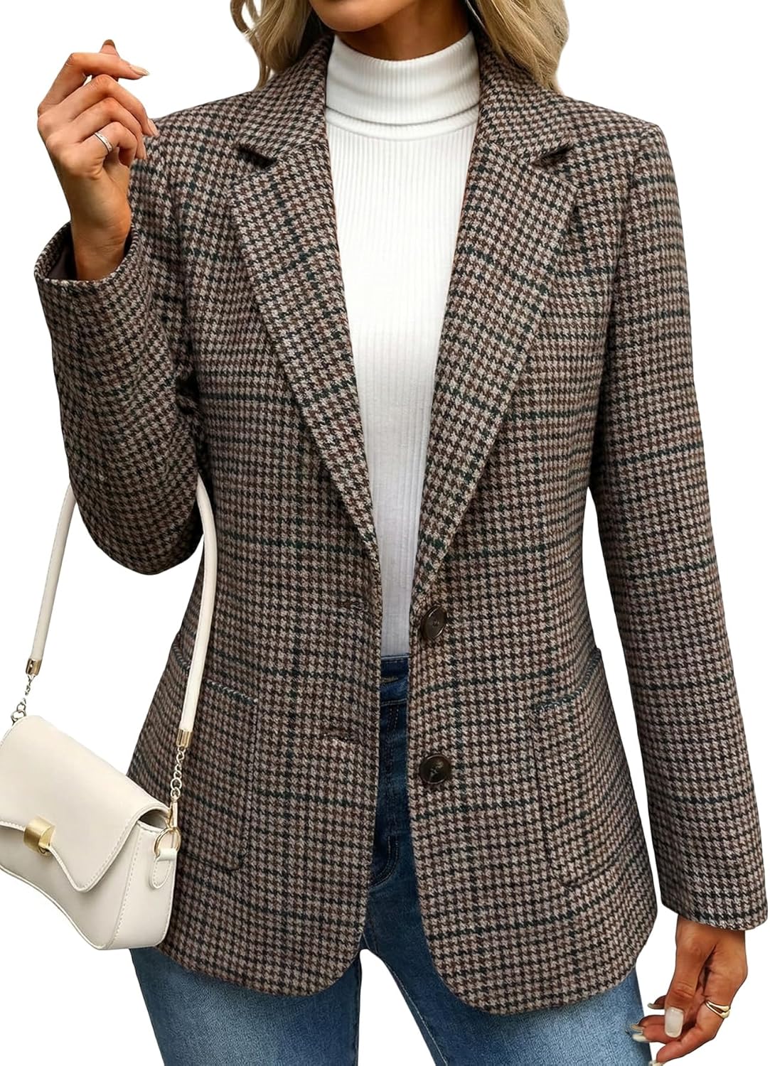 Mina Self 2026 Women's Tweed Houndstooth Blazer - Plaid Fully Lined Work Casual Office Jackets Suit with Pockets