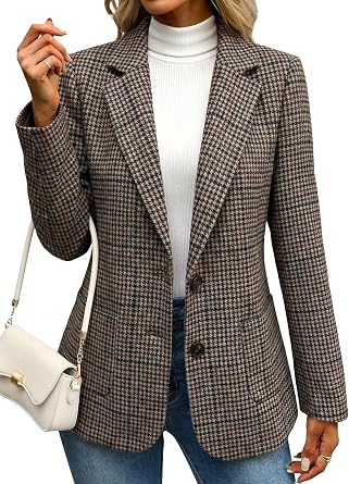 Mina Self 2026 Womens Tweed Houndstooth Blazer - Plaid Fully Lined Work Casual Office Jackets Suit with Pockets