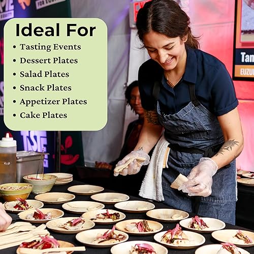 Miniatura 2 de Dtocs Platos de hoja de palma redondos de 7 pulgadas (50) | Platos de bambú desechables de aspecto compostable para cóctel, aperitivo, postre, mini