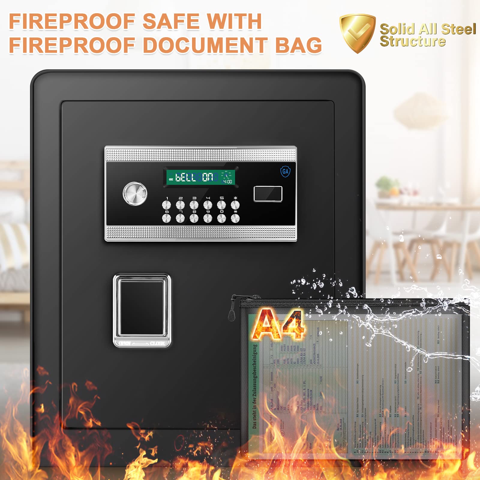 2.2 Cub Safe Box Fireproof Waterproof, Fireproof Safe Box for Home, Security Home Safe with Fireproof Document Bag, Digital Keypad Key, LCD Display, Inner Cabinet Box, Safe Box for Money Document