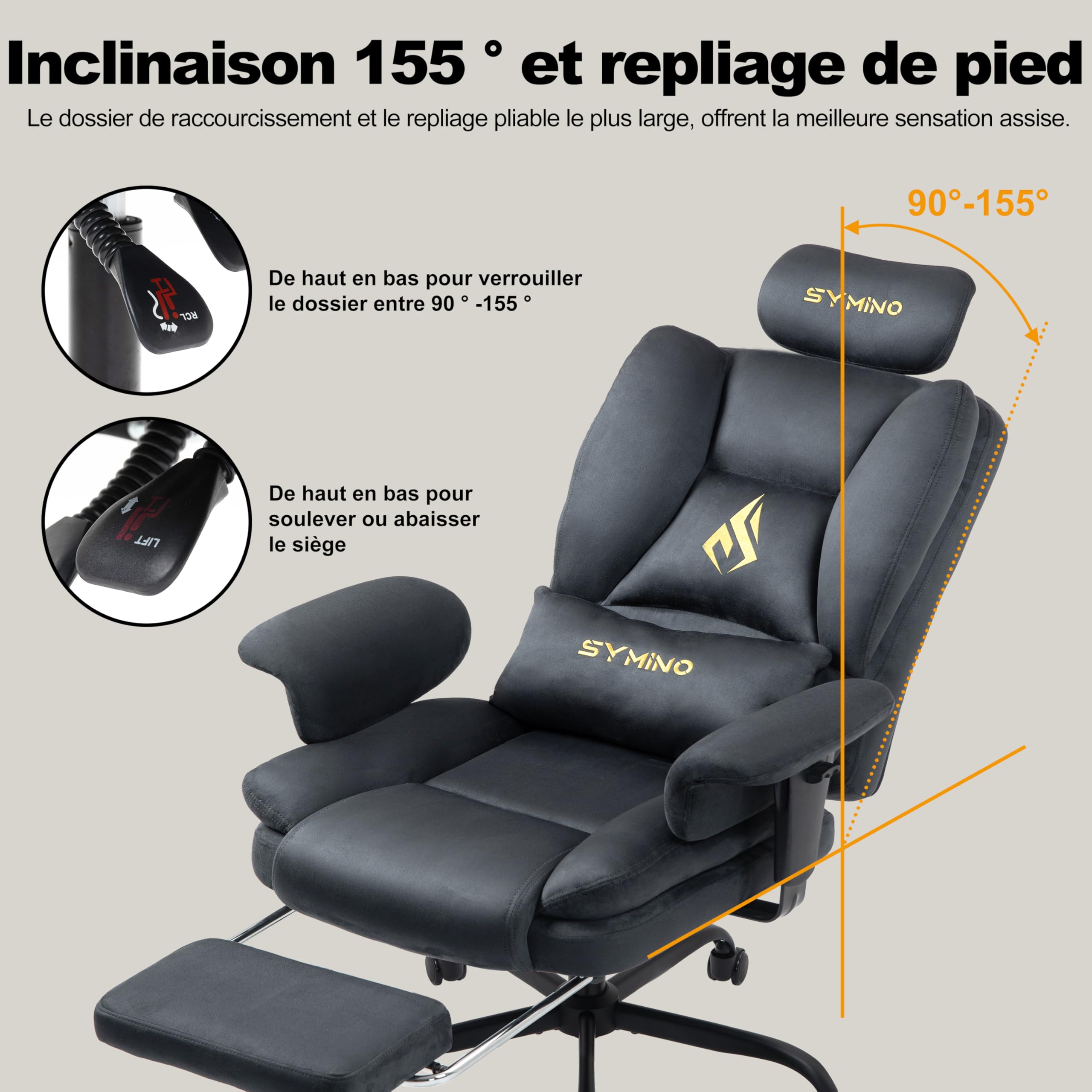 Symino Chaise de Bureau Ergonomique Fauteuil avec Repose-Pieds - Siège en Imitation Daim Gris - Réglable Hauteur et Accoudoirs - Capacité 130kg