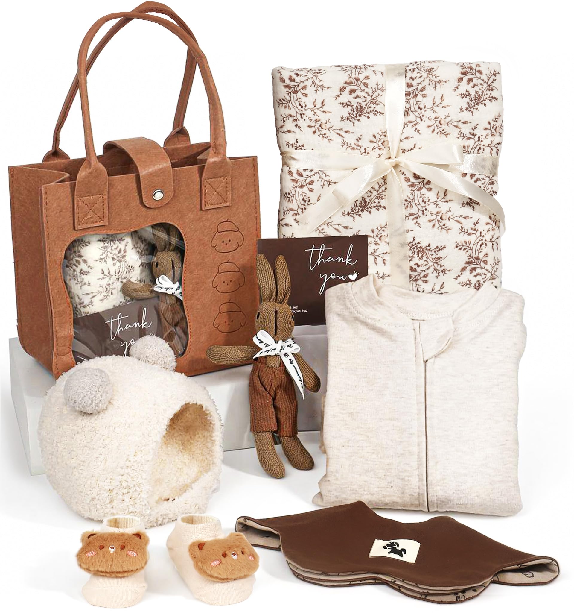 TUZT Coffret Cadeaux de Naissance Garcon Fille Cadeau ave Barboteuse Couverture Doudou Bavoir Chaussettes Bonnet Cartes Sac à Main en Feutrine, Cadeau pour Baby Shower Bebe Nouveau Né Coffret