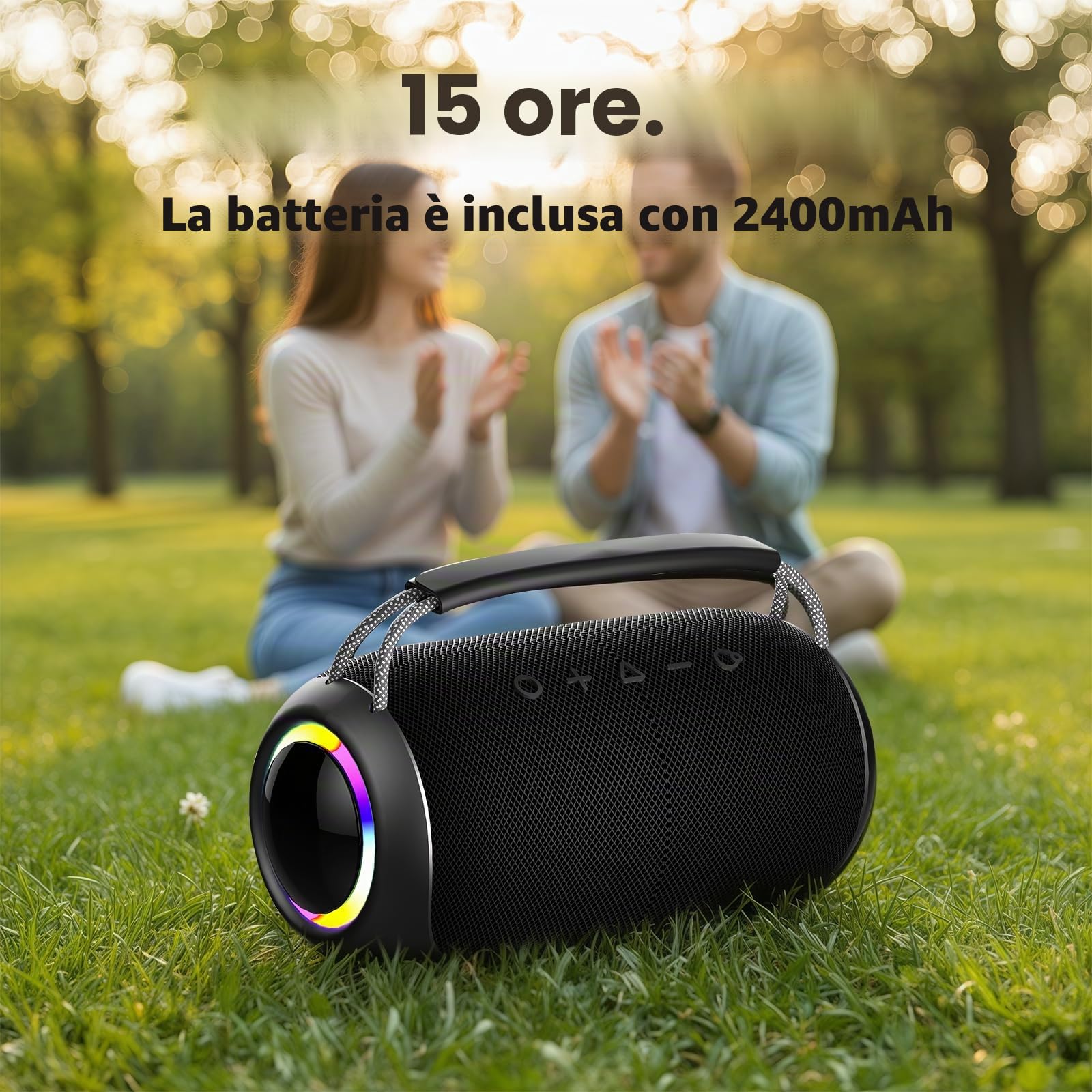 Cassa Bluetooth LED 40W, Autonomia 15 ore per Campeggio e Feste | Suono stereo 40W, spettacolo di luci LED colorate, BT5.3, autonomia 15 ore per feste