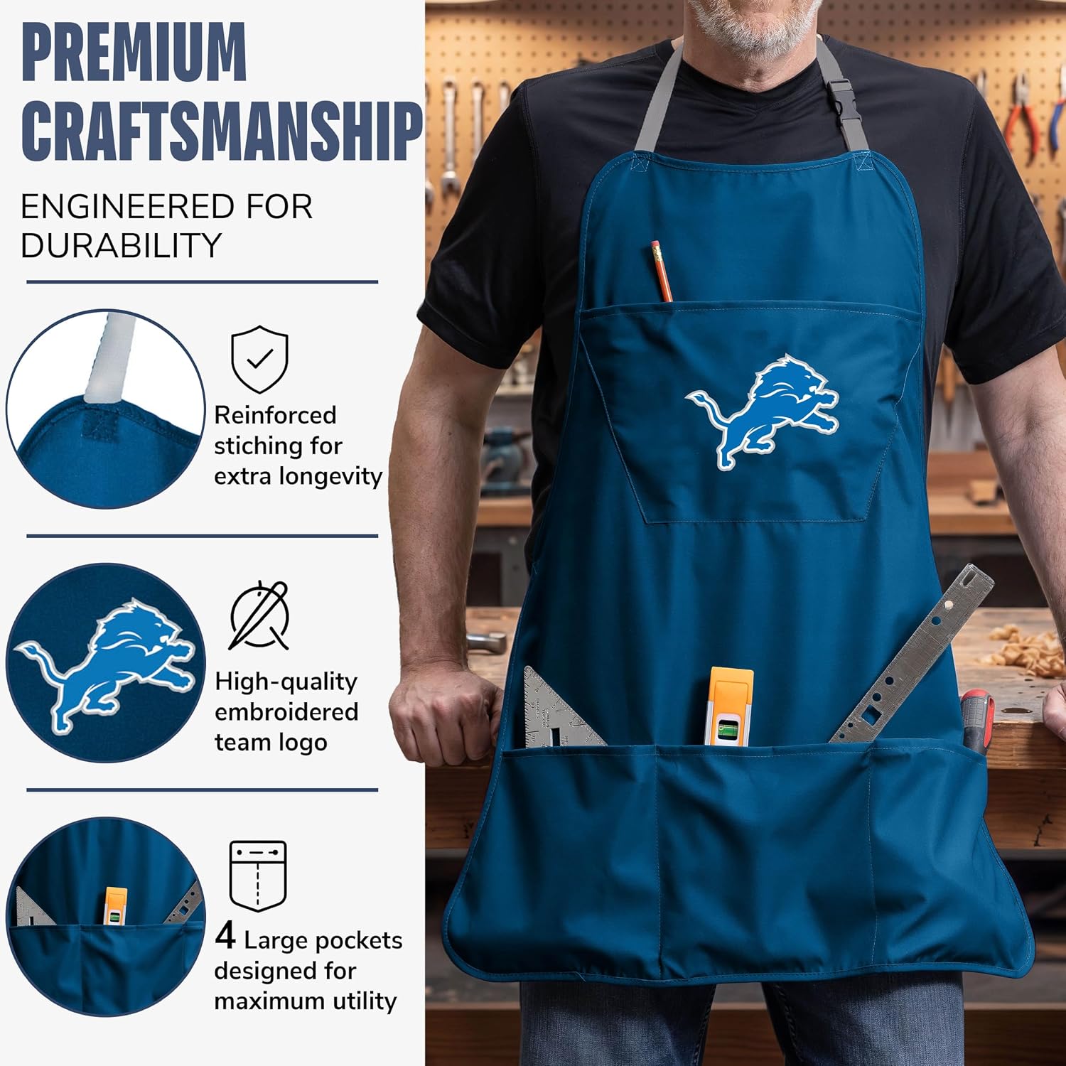 Team Sports America NFL Detroit Lions Cooking Aprons for Men and Women with Adjustable Straps and Pockets