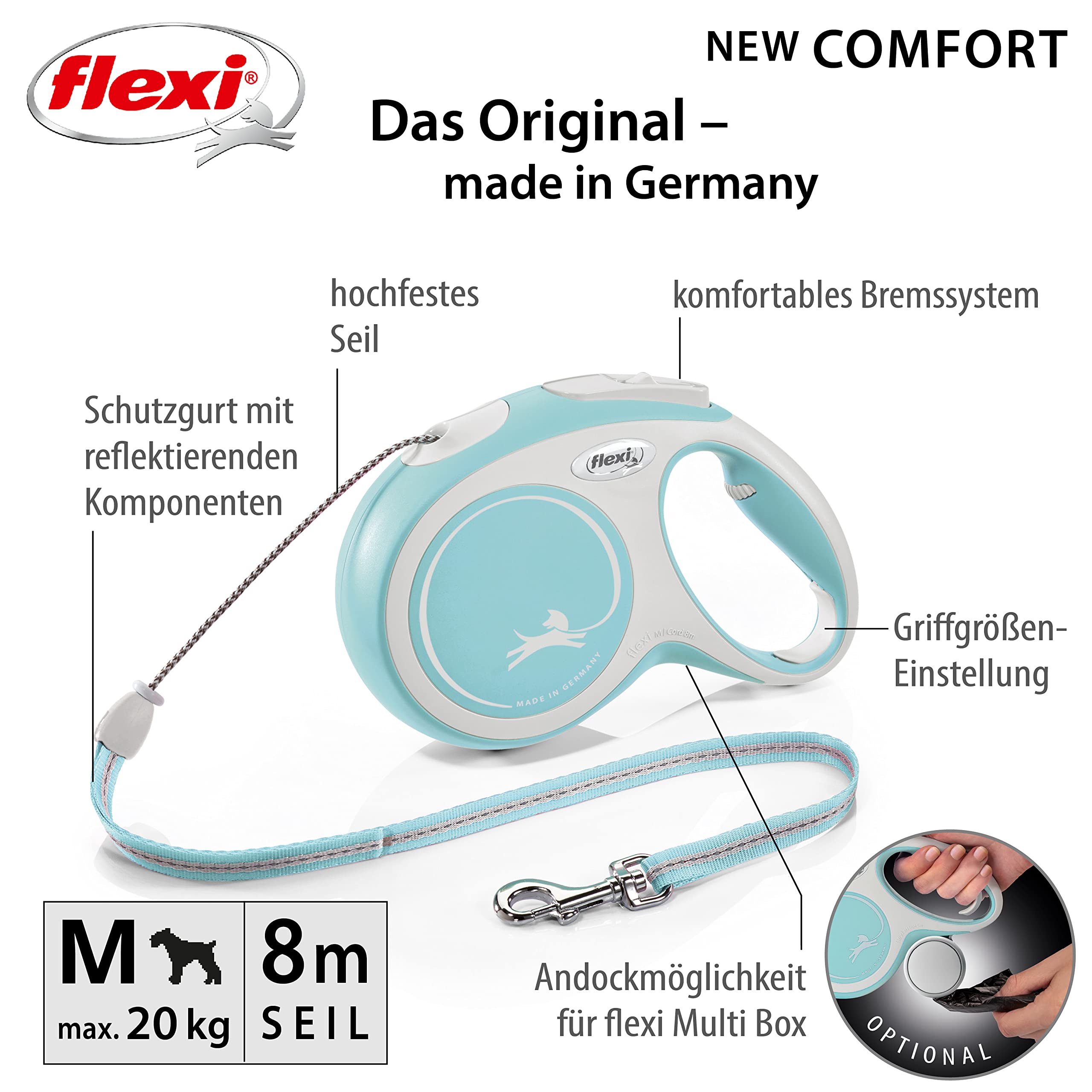 flexi Hundeleine, ausziehbar, mit weichem Griff, 3 m / 5 m / 8 m / 8 m / 8-20 kg, 4000498043110, blau, small