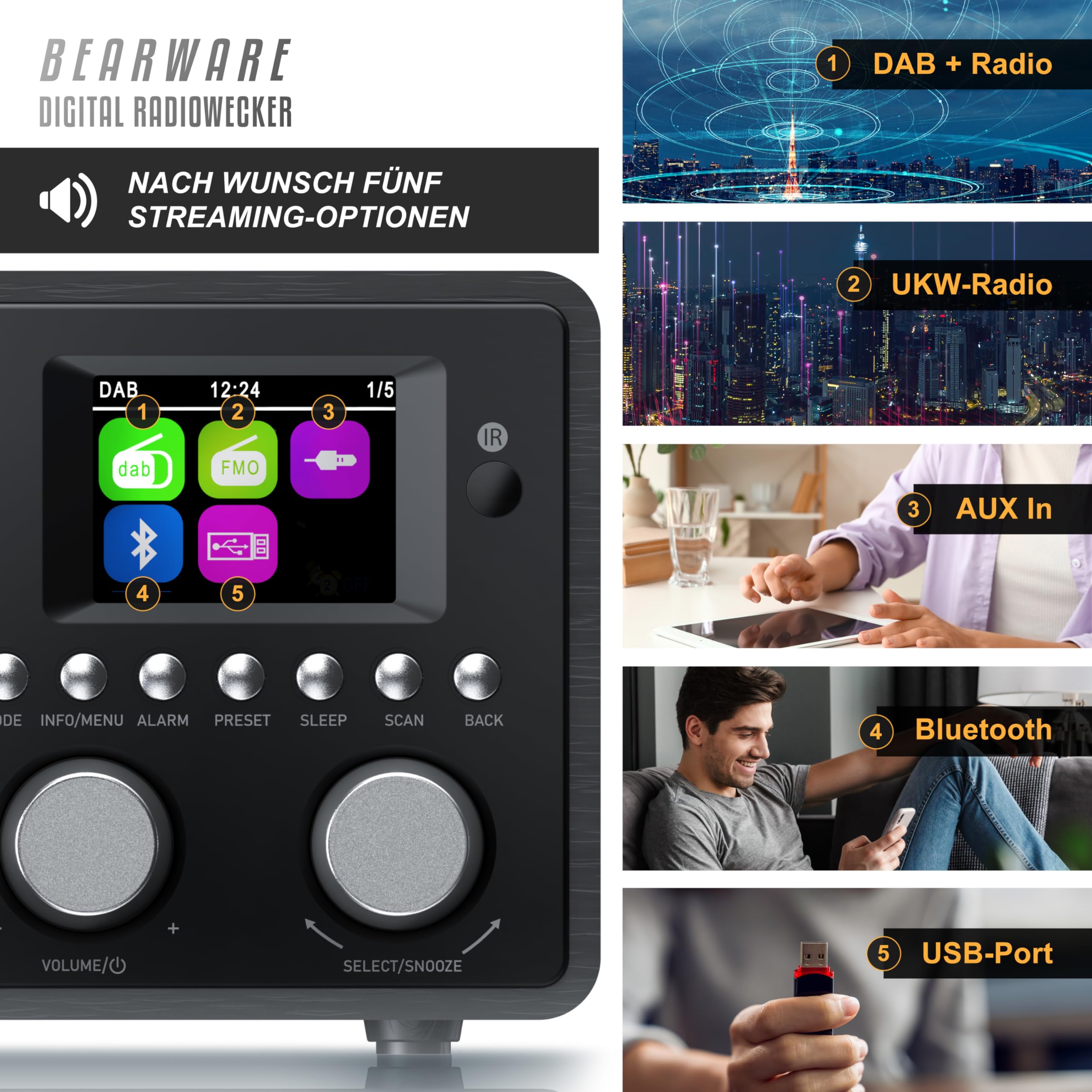 CSL - DAB+ Radio mit TFT Display und Fernbedienung - Bluetooth DAB Plus Radiowecker – DAB DAB+ FM-Radio – 40 Speicherplätze – Automatischer und manueller Suchlauf – Equalizer – USB-Datenport – AUX in