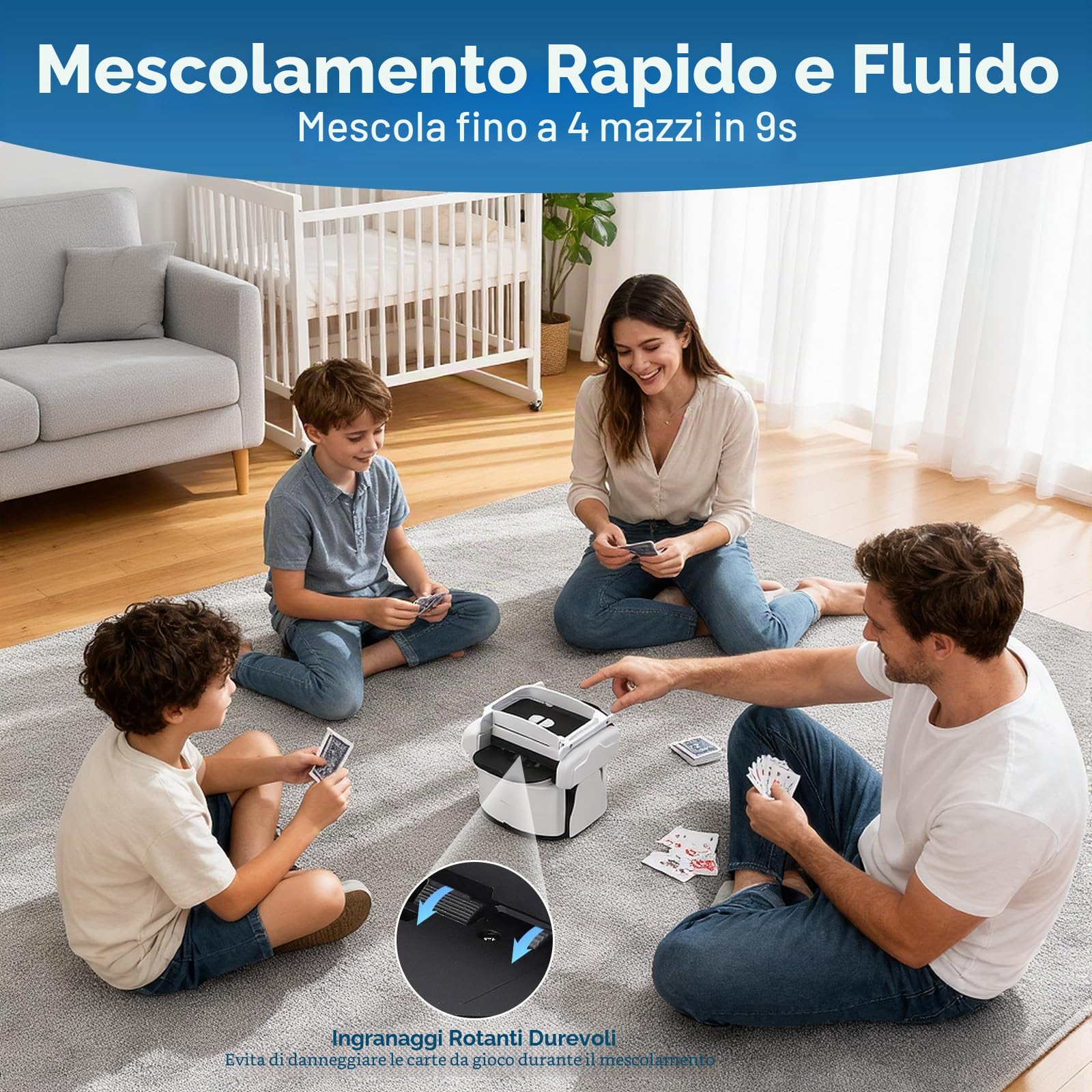 Mischia Carte Automatico, Mescolatore Carte da Gioco Elettrico per 1-4 Mazzi, modalità Auto e Manuale, Ricaricabile, Basso Rumore per Poker, Uno, Blackjack, Skip-Bo, Phase 10, Texas Hold'em