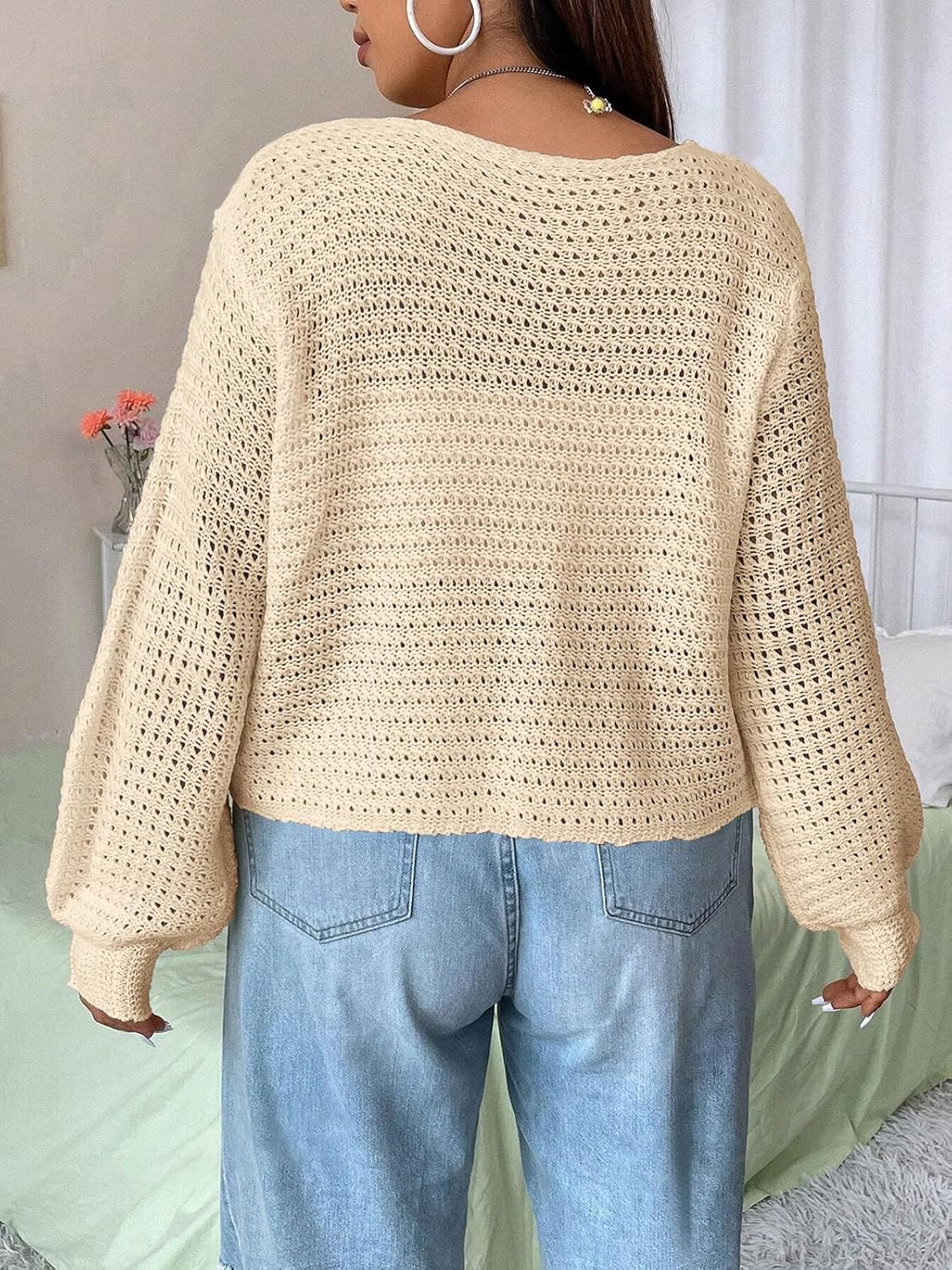 Women's Plus Size Cardigan Hollow Out Open Knit Sweater Ladies Front Tie Shrug, L-4XL - Image 4