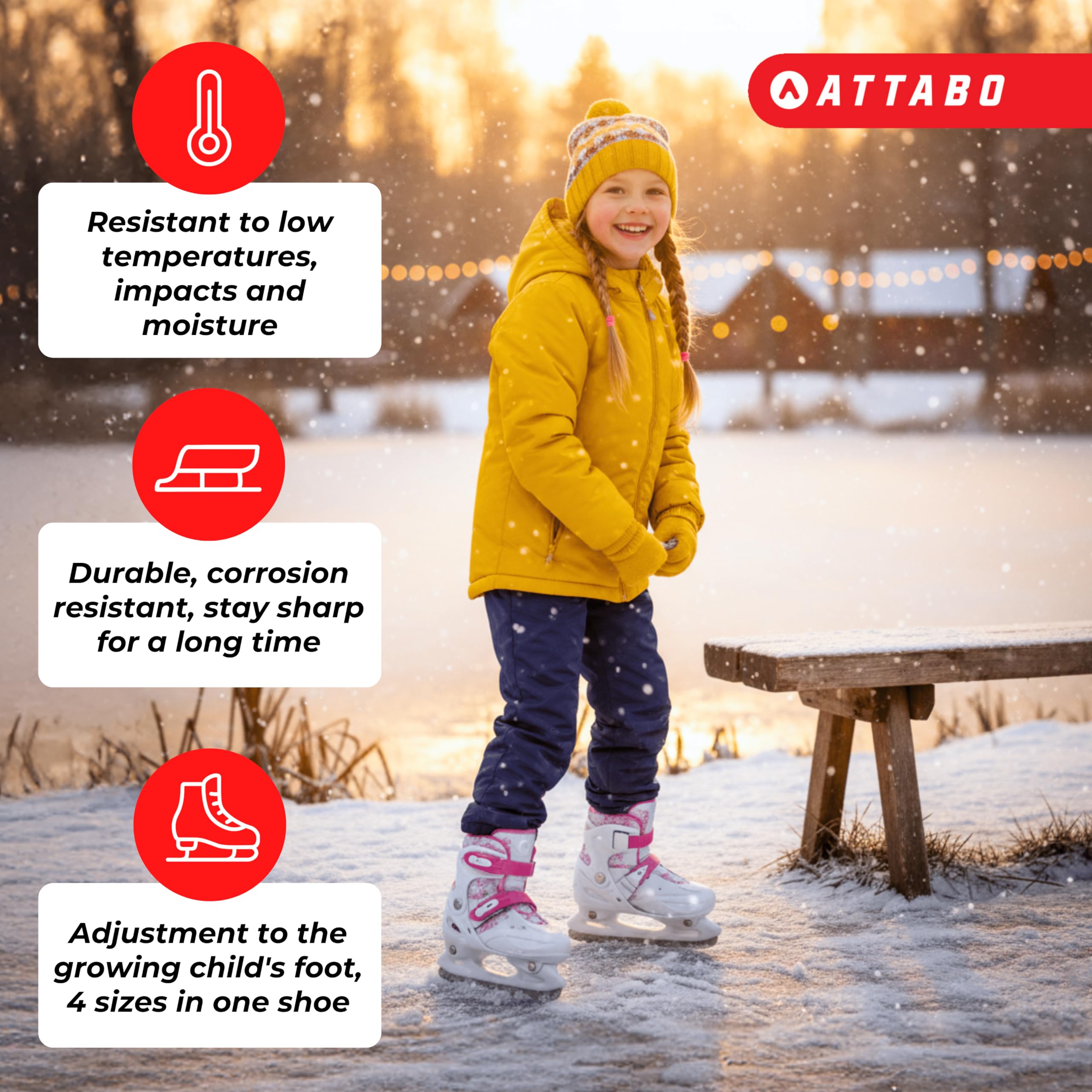 ATTABO KOA Kinder verstellbare Schlittschuhe | Freizeit Eislaufschuhe | PVC & PP Hartschale | Edelstahlkufen | Verstellbare Größe | Atmungsaktiv & sicher | Für Mädchen & Jungen