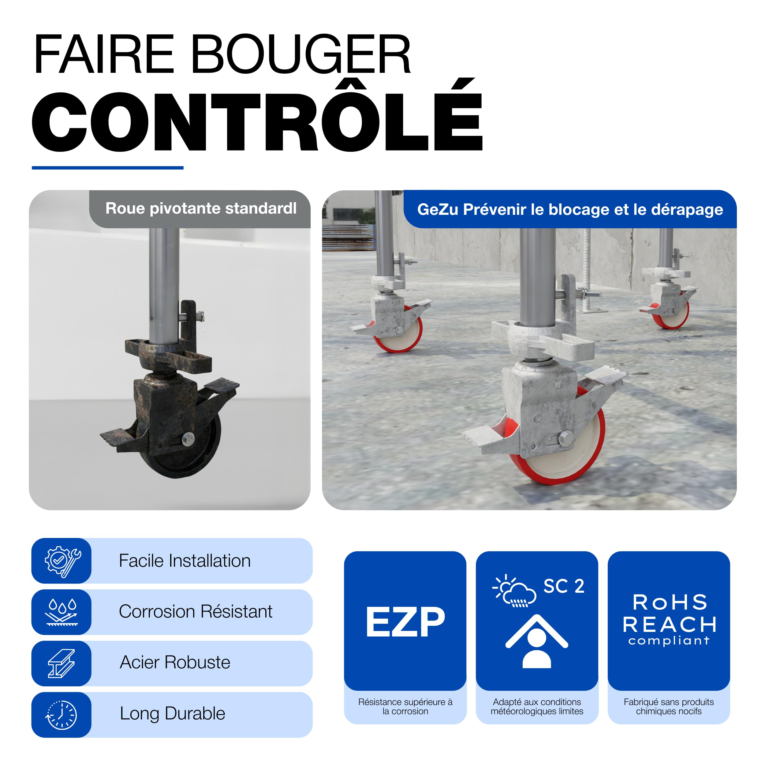 GeZu Impex Roulettes d'échafaudage Roues avec frein 600 kg