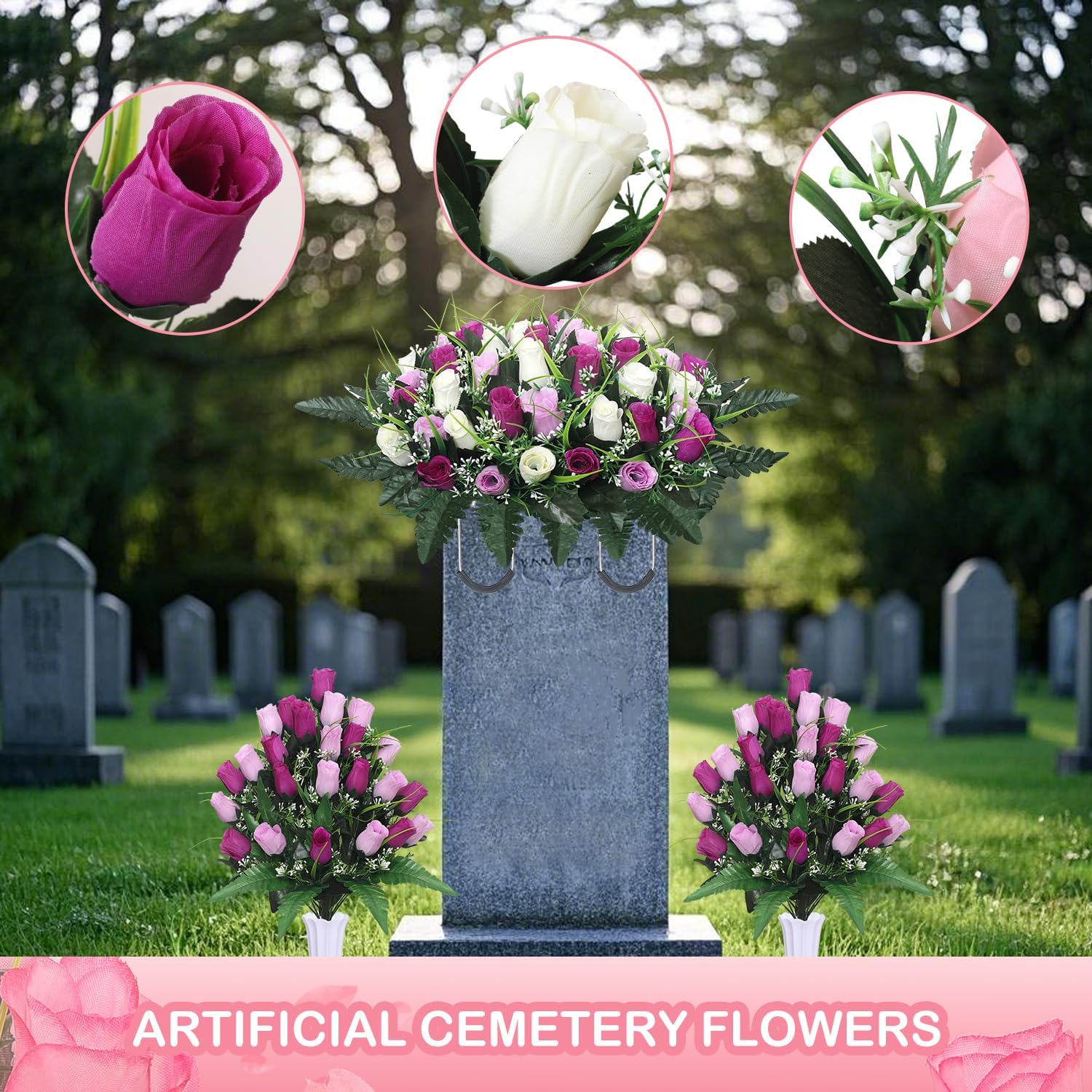 Lodou Artificial Cemetery Flower Saddles for Graves, Cemetery Memorial Flowers with Vase and 2 Memorial Bouquets for Grave Tombstone,Outdoor Grave Saddle Headstone Decorations (Purple White)