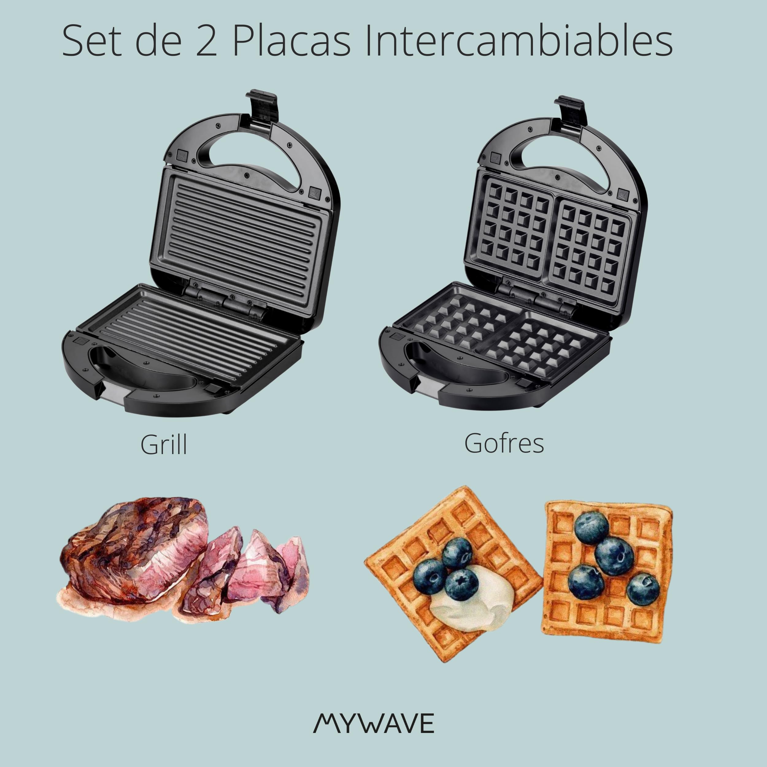 MY WAVE - Sandwichera 2 en 1 - Grill y Gofres - Placas Intercambiables - Acabado Crujiente y Delicioso - Grill y Plancha Desmontable Antiadherente