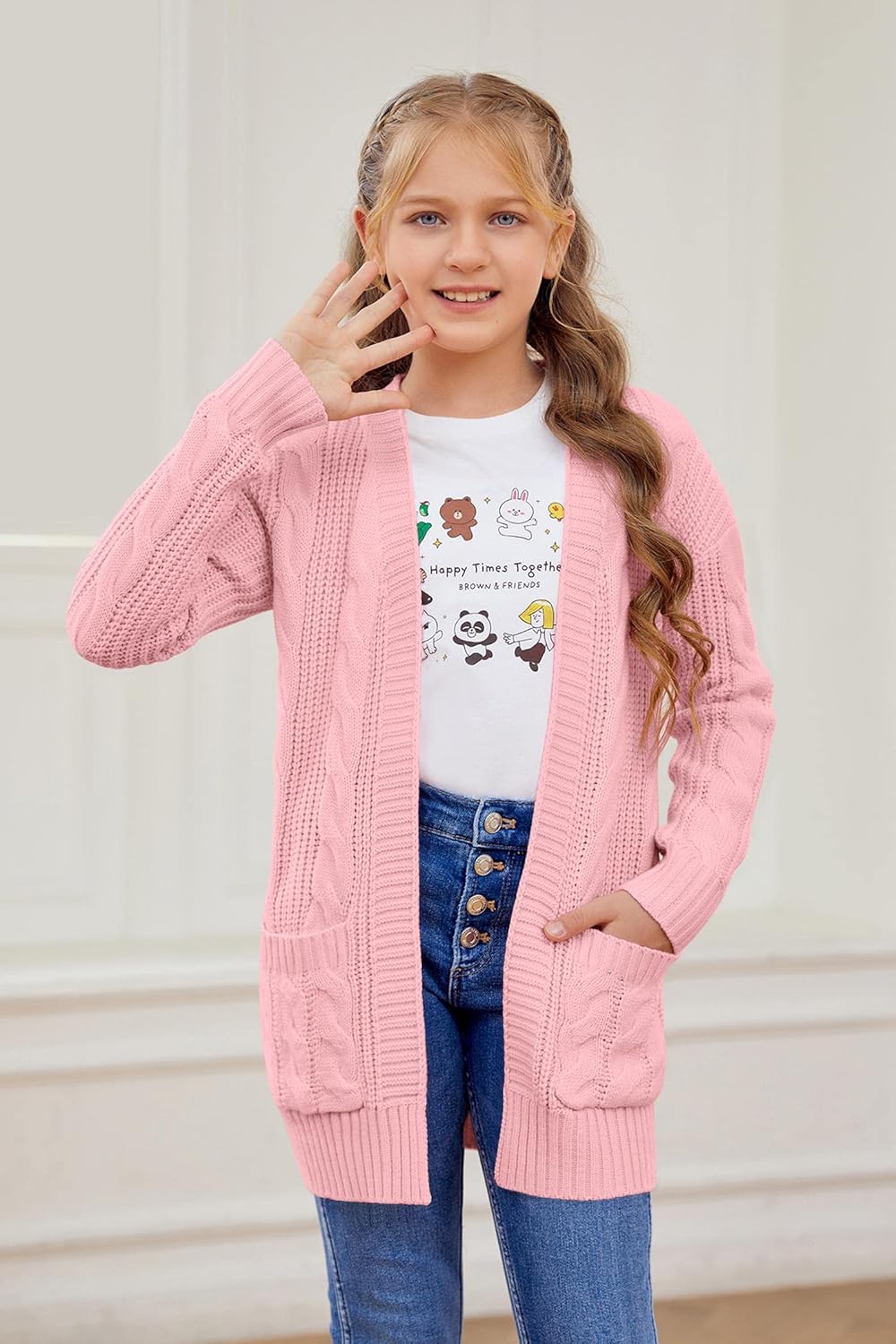 Batermoon Girls' Cardigan Sweaters Kids Cable Knit Casual Oversized Open Front Knitted Outerwear with Pocket - Image 4