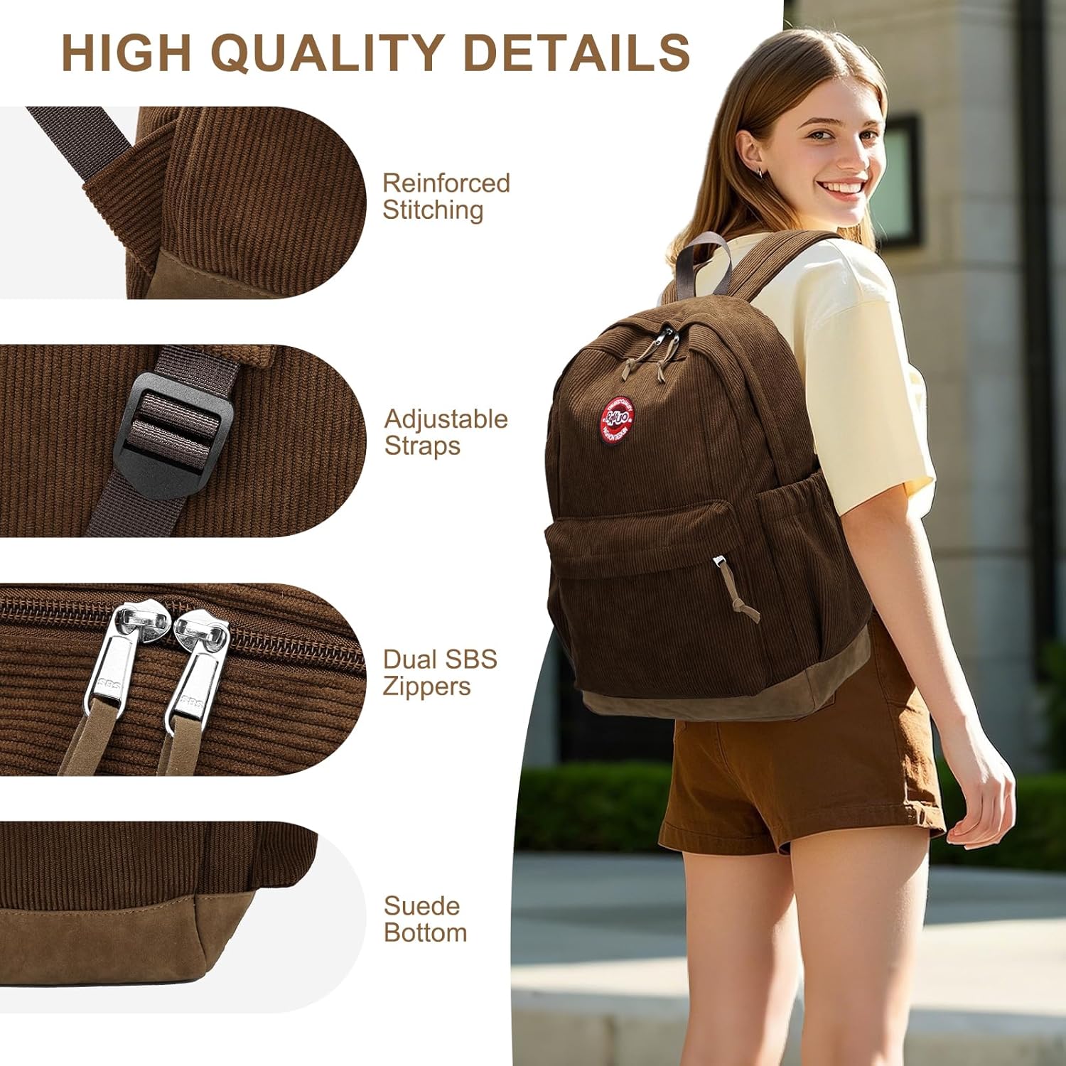Aesthetic Corduroy Backpack Bookbag for Women Men, Vintage School Daypack with Laptop Compartment, Casual Travel Bag for College Student & Teen Girls Brown - Image 3