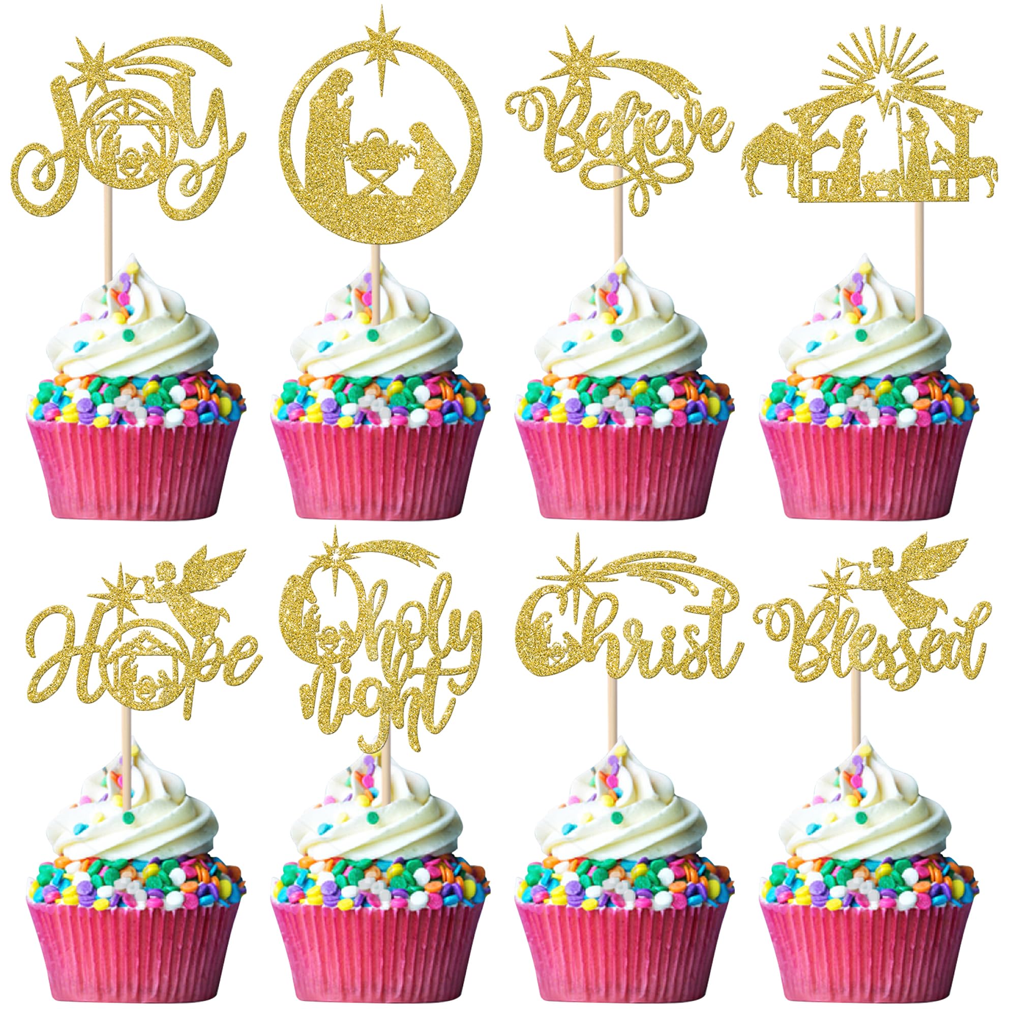 Xsstarmi 24 Pack Jesus Christmas Cupcake Toppers Gold Holy Nativity Hope Believe Christ Blessed Cupcake Picks Jesus Birthday Cake Decorations for Religion Christmas Party Decorations