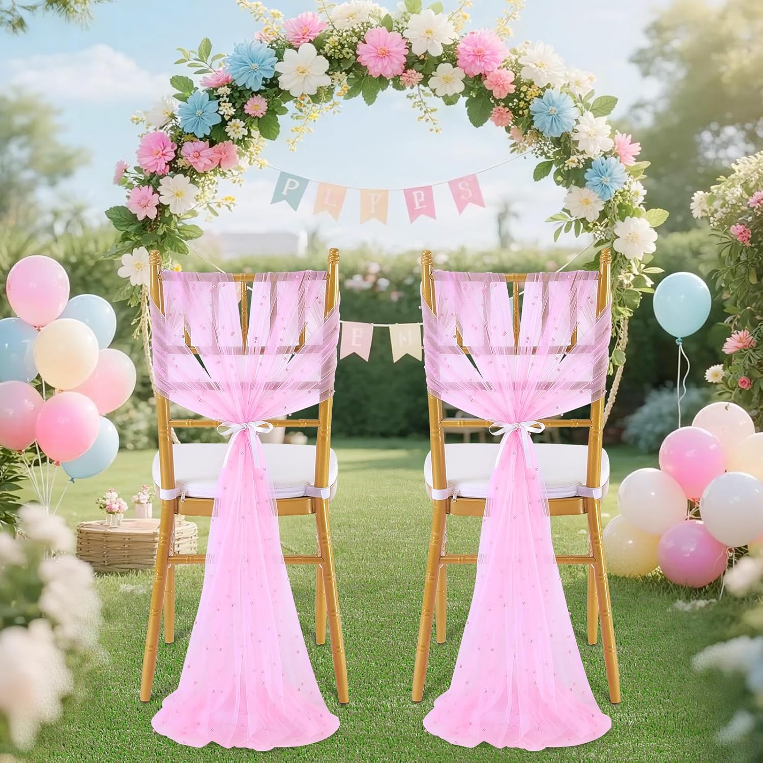 QueenDream Pink Chair Sashes Wedding Decorations: 32 Pieces 8ft Long Tulle Pearls Chair Sashes Cover - Reception Baby Shower Party Banquet