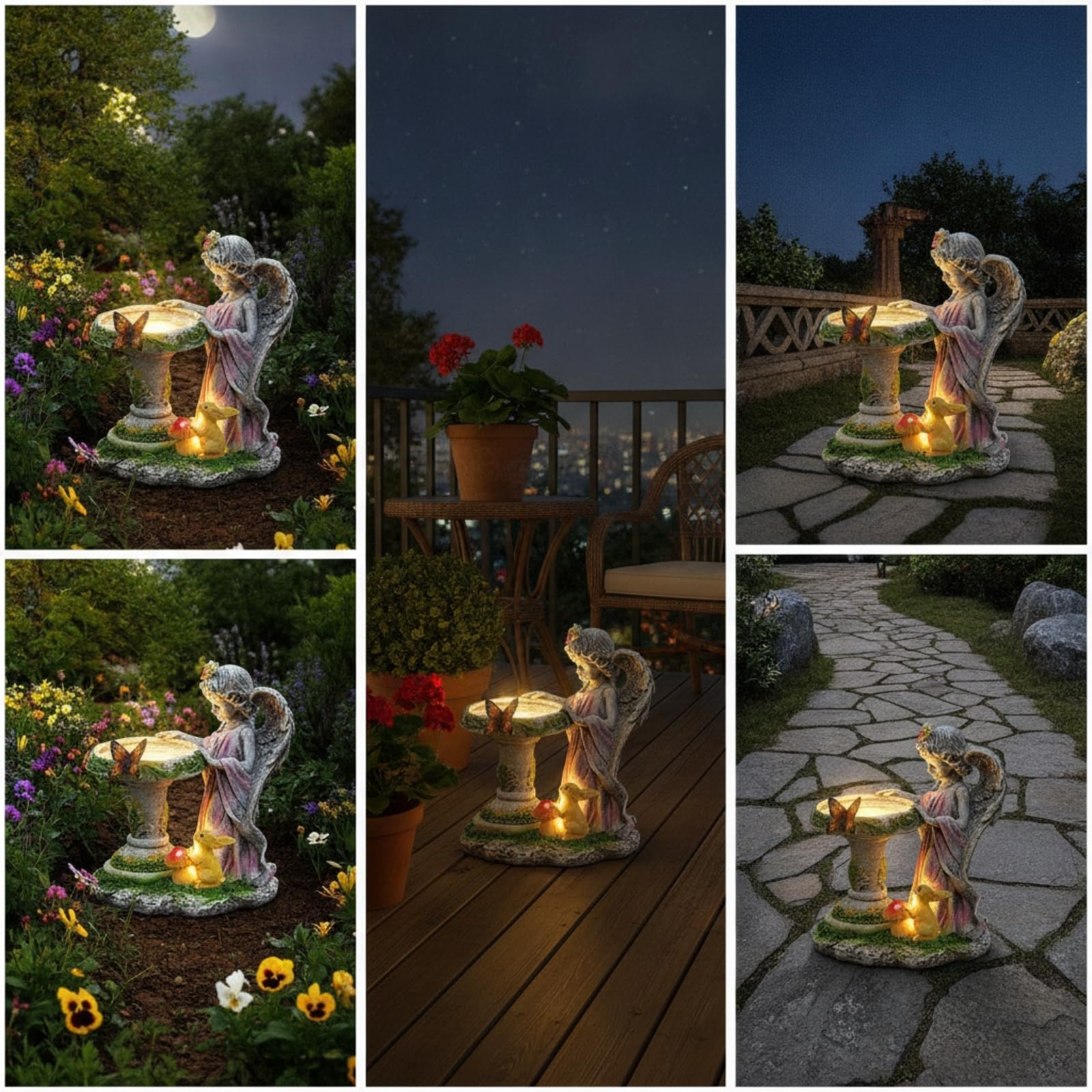 Scultura Angelo da Giardino con Bacinella Alimentata Dal Sole Resina Resistente Agenti Atmosferici Decorazione con Panneggio E per Terrazza Aiuola Cortile Ingresso Esterno