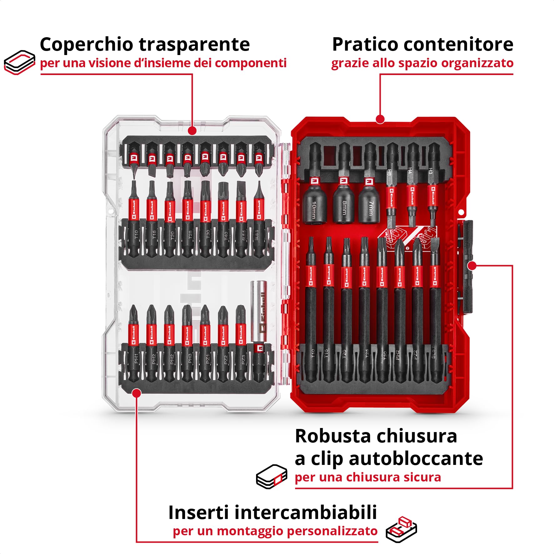 Set di punte a percussione originale Einhell M-CASE da 38 pezzi (punte da 25 mm, punte da 50 mm, punte da 90 mm, bussole esagonali, portapunte da 60 mm incl. scatola di custodia)