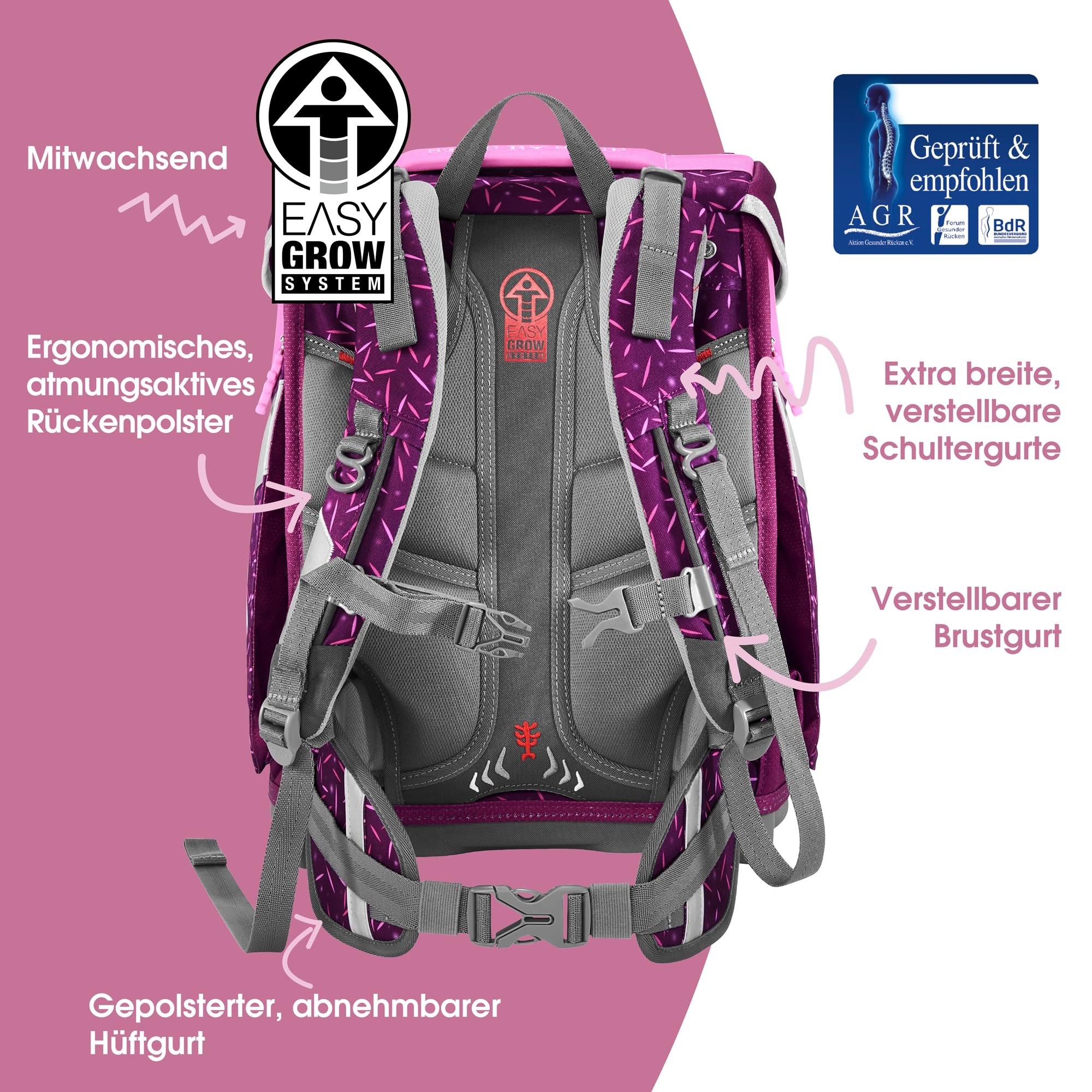 Step by Step Space - Juego de mochila escolar (5 piezas, ergonómica, con reflectores, altura regulable con cinturón para la cadera, a partir de 1ª clase, 20 L)