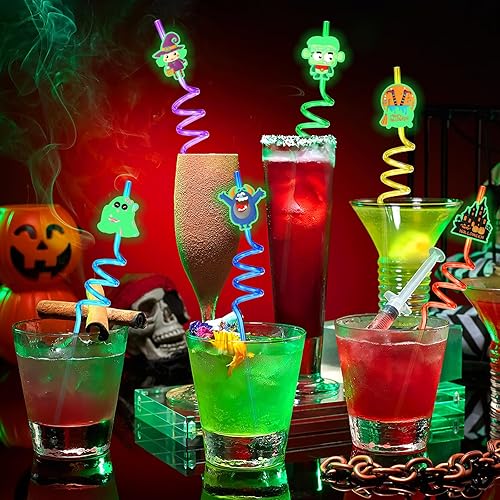 Miniatura 4 de JANYUN Pajitas brillantes de Halloween, 20 popotes de plástico luminosos reutilizables, suministros de fiesta de Halloween, murciélagos, calabazas,