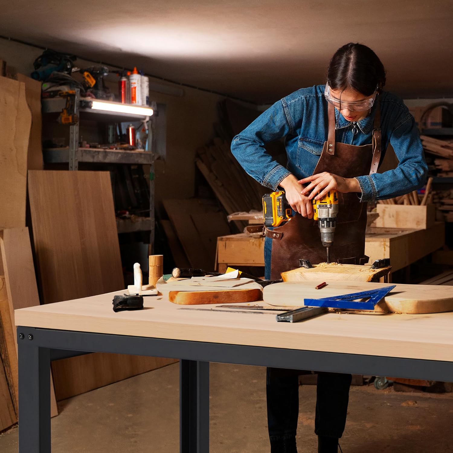 60” Adjustable Workbench,Heavy Duty Wood Work Bench 2000 Lbs Load Capacity,Work Table with Power Outlet for Garage, Workshop, Office, Home - Image 2