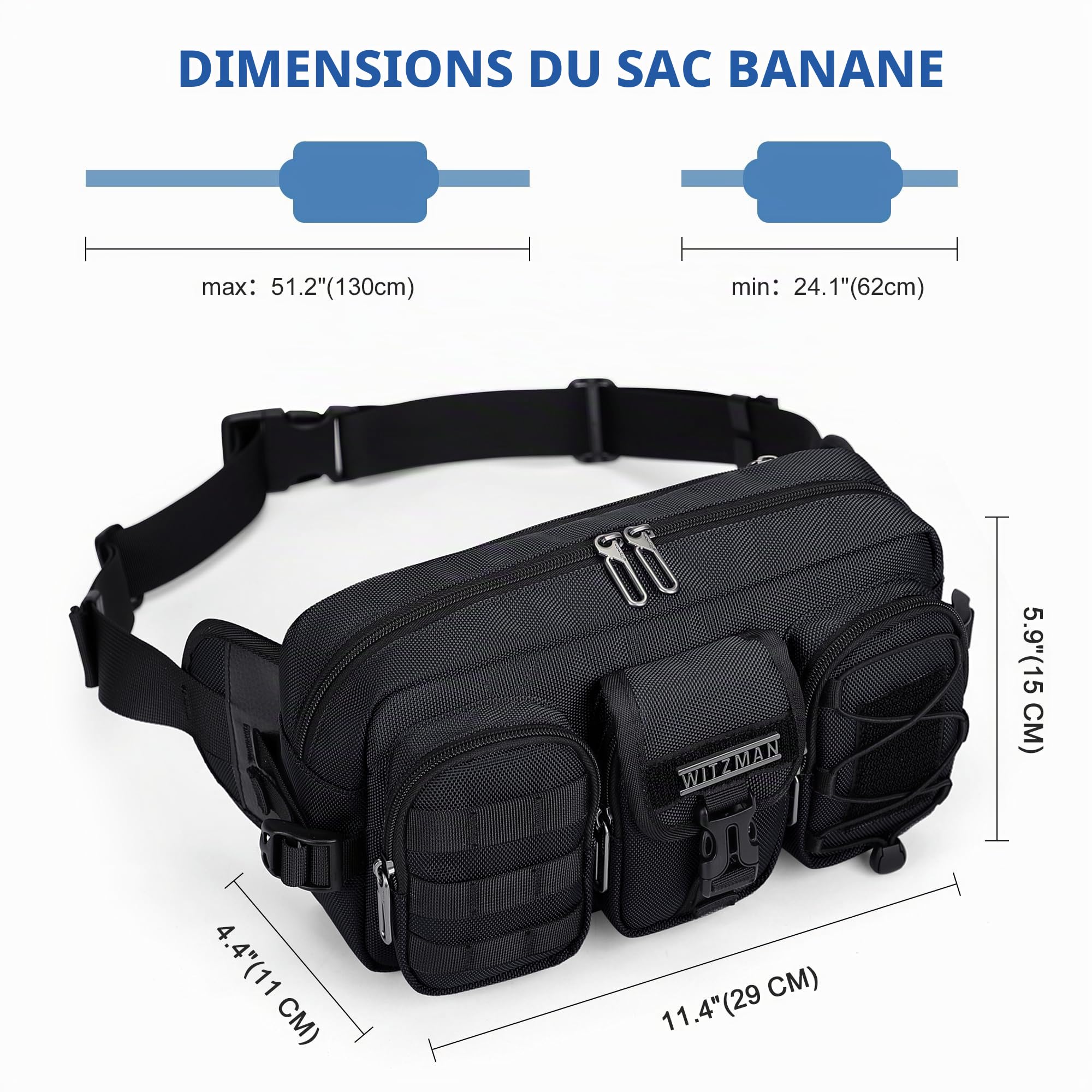 WITZMAN Sac banane pour homme, sac banane tendance avec fermeture éclair, avec plusieurs poches pour voyager, marche quotidienne, Noir
