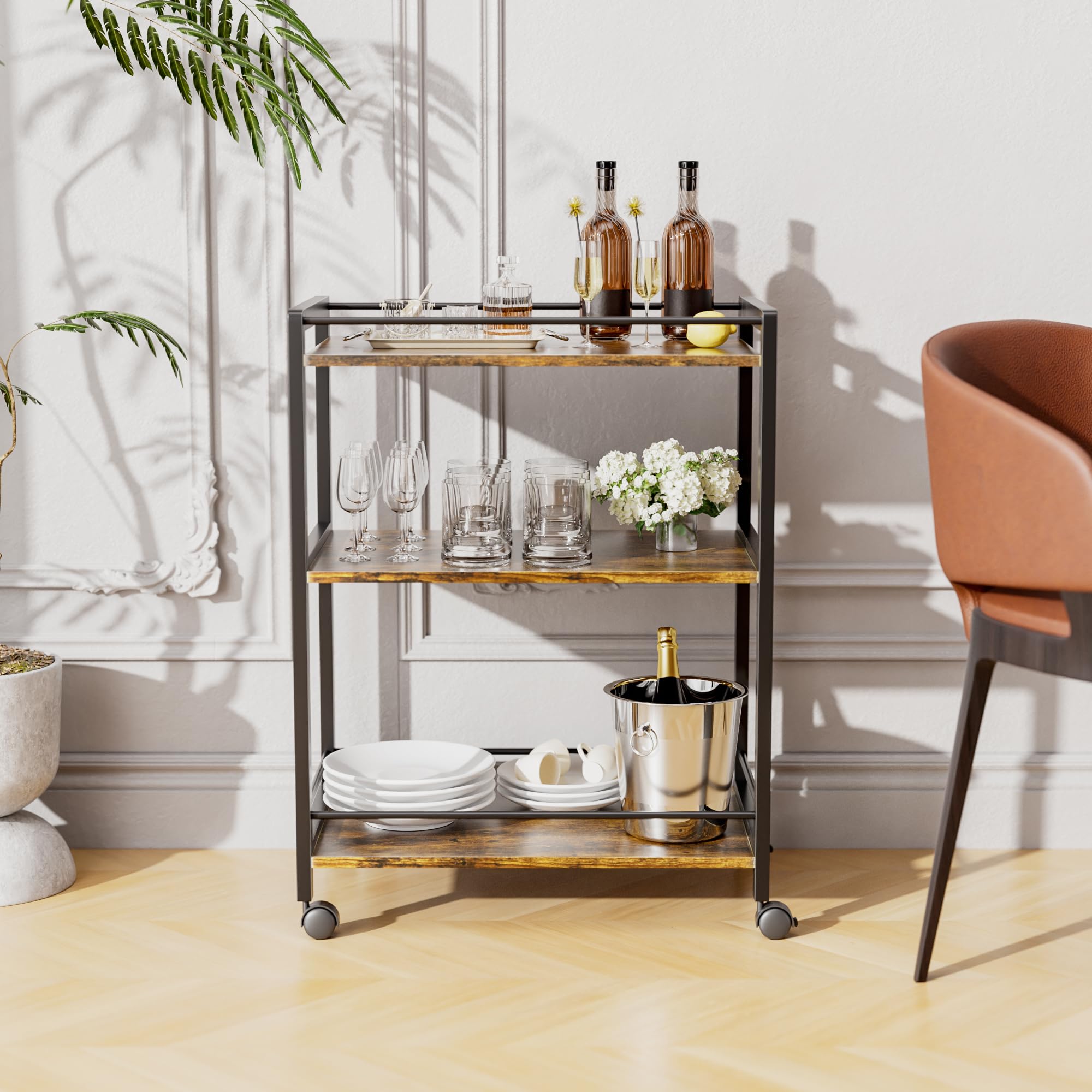 HITNET Carrello da bar, Carrello Mobile per Bevande a 3 Livelli, carrello da cucina con ruote e ripiani portaoggetti per soggiorno, cucina, feste, Marrone rustico e nero