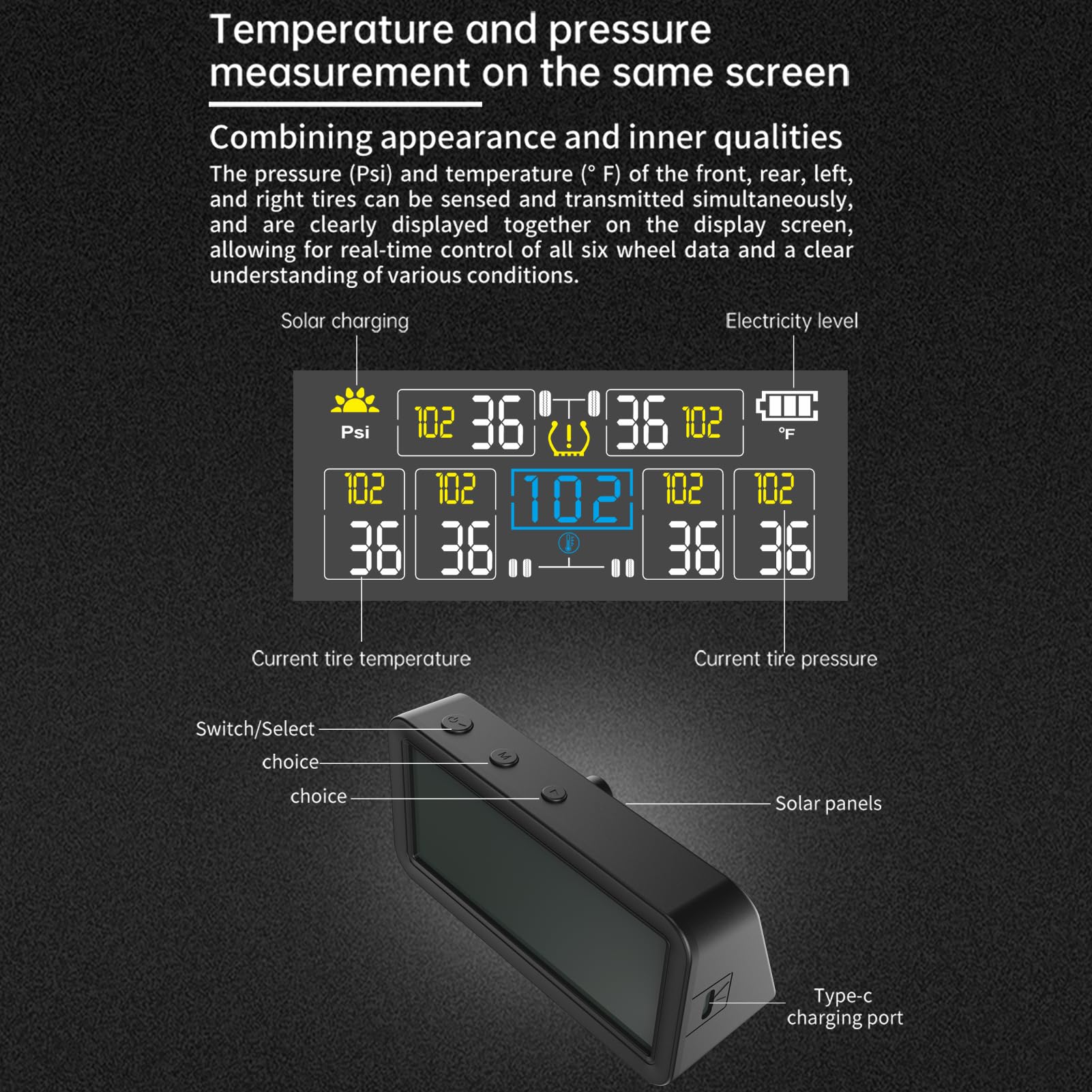 Shkalacar Reifendruck Kontrollsystem Solarbetrieben, Automatisches Überwachungssystem mit 6 Externe Sensoren LCD Display Auto EIN Aus Temperatur Alarm für LKW Anhänger Geländewagen